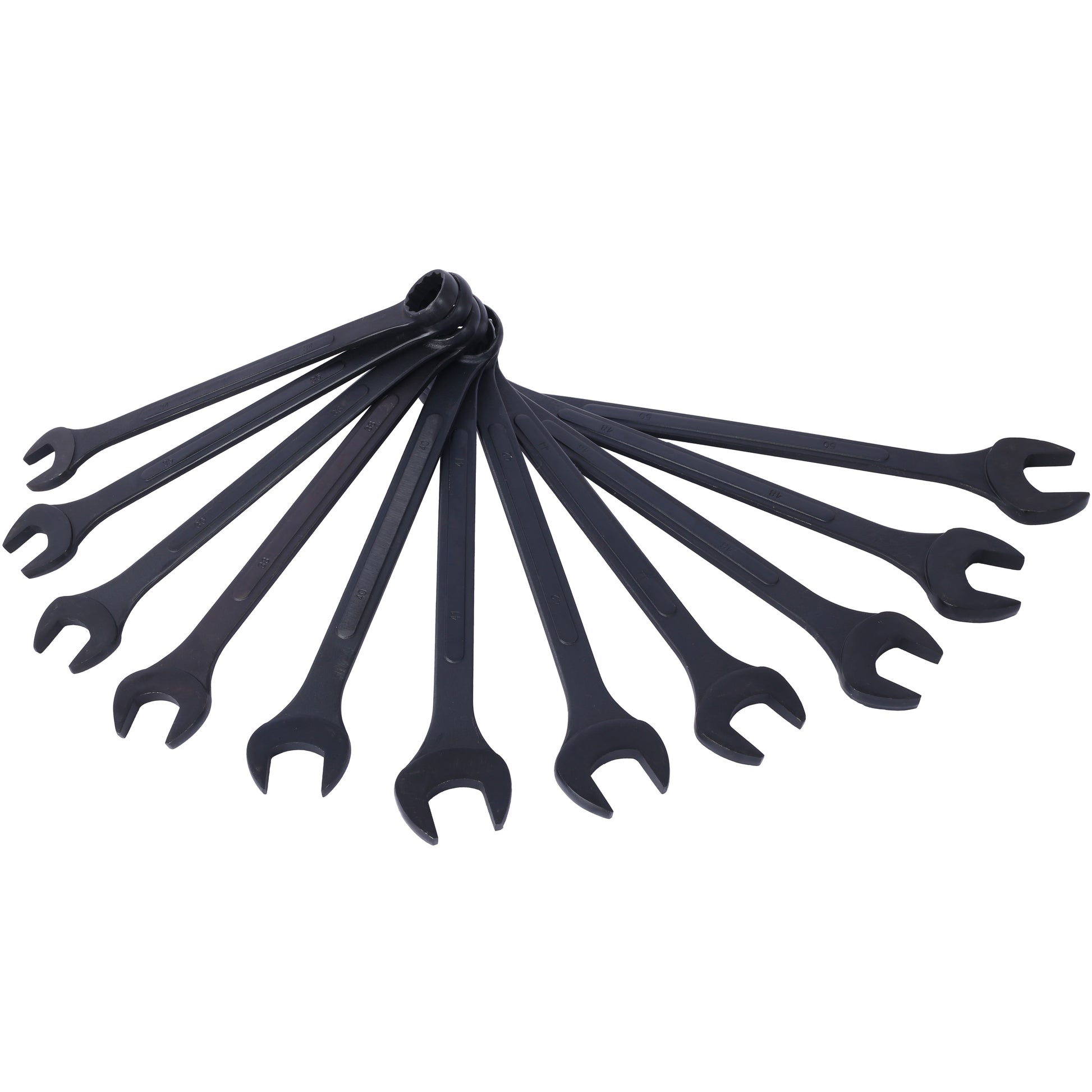 Black metal combination wrench set with sizes marked for mechanics