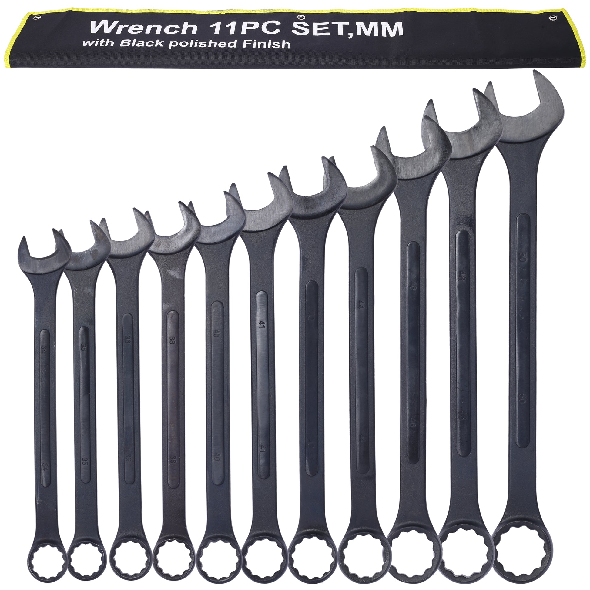 piece wrench set with black polished finish in sizes mm to mm