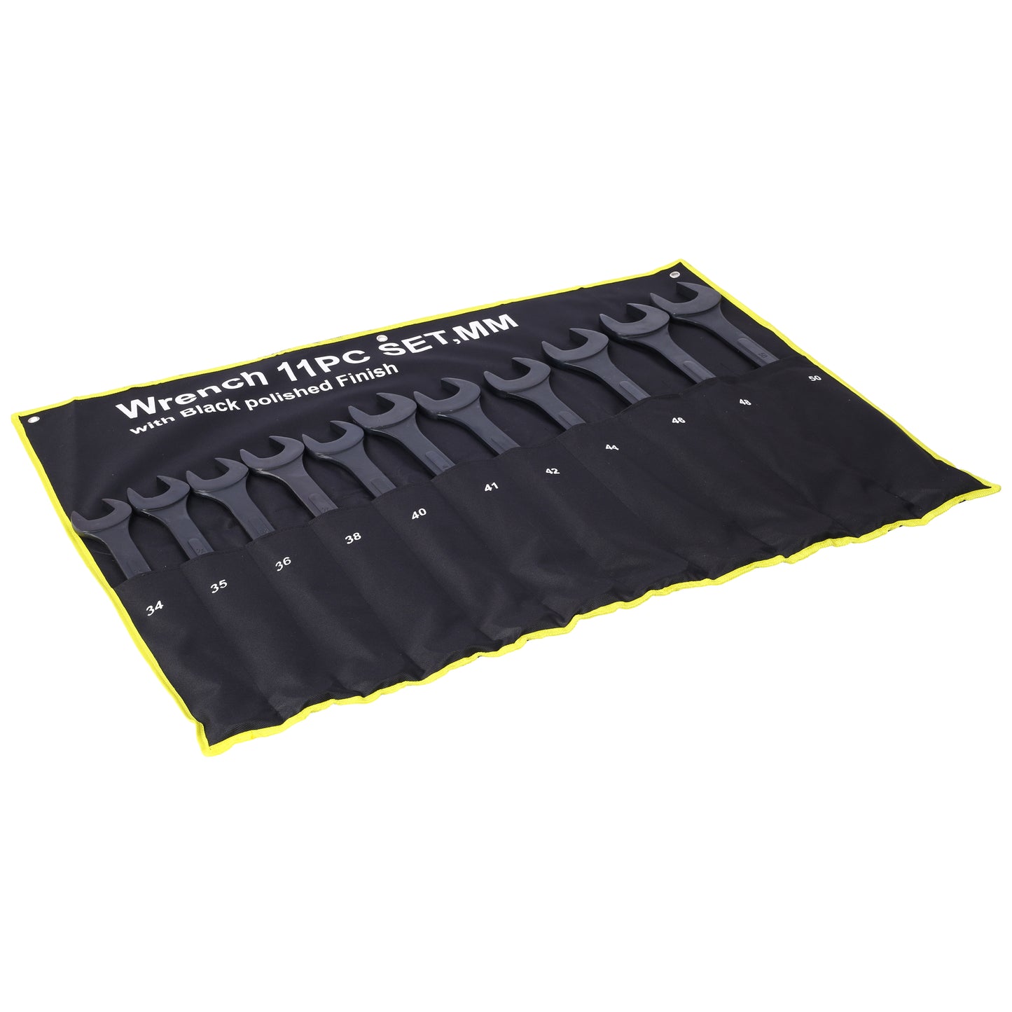 Black polished finish pc mm wrench set organized in a rollup pouch