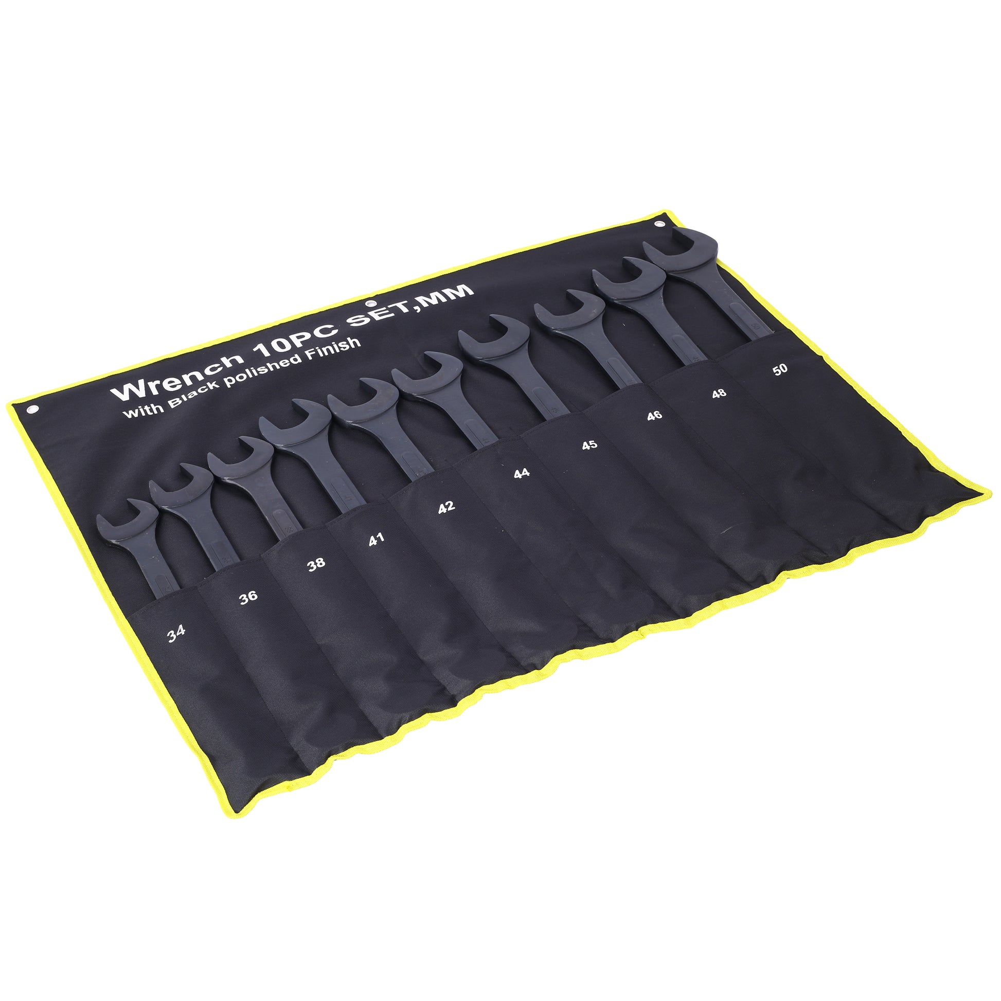 Black polished finish piece MM wrench set in a black rollup pouch