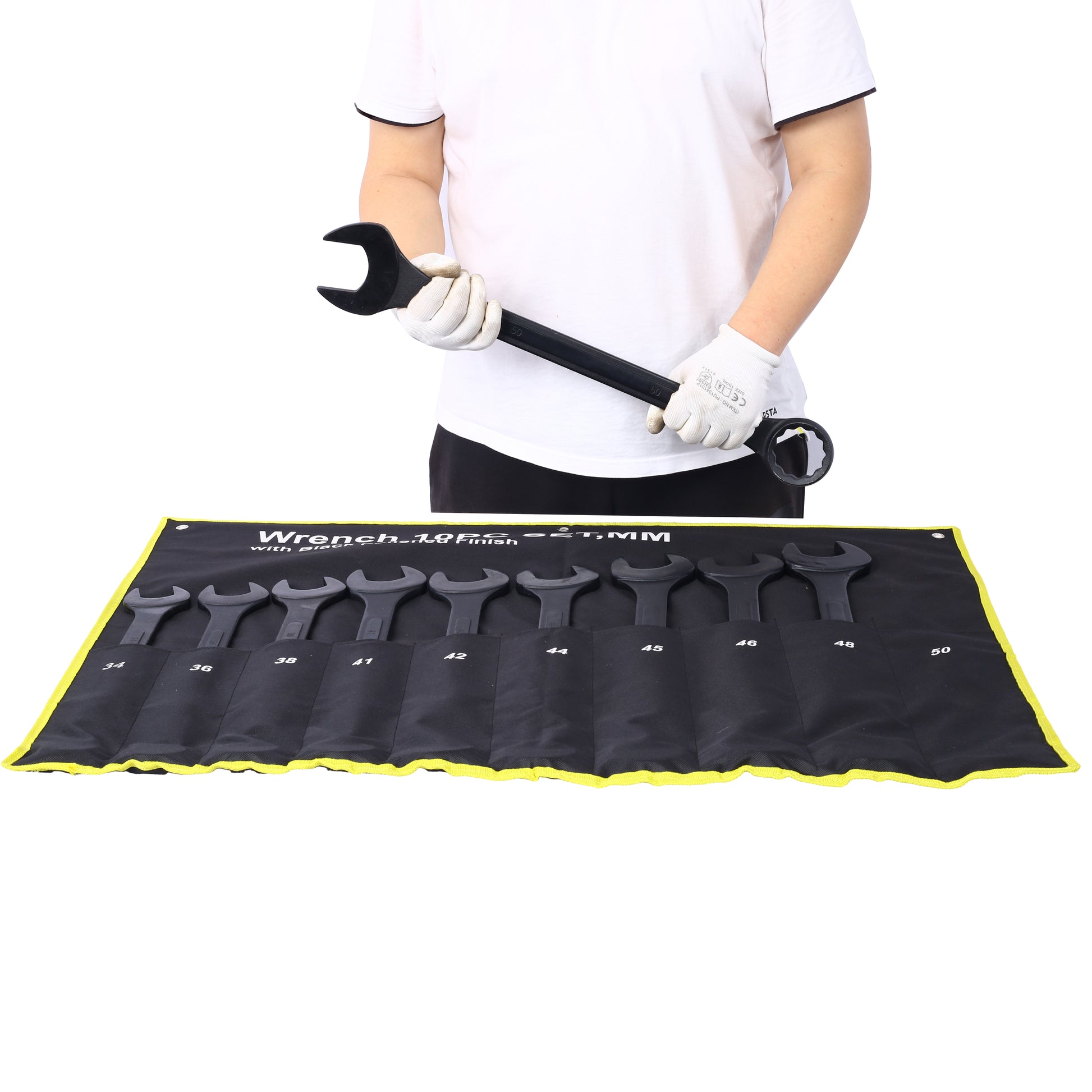 Black piece combination wrench set with sizes mm to mm in a rollup organizer