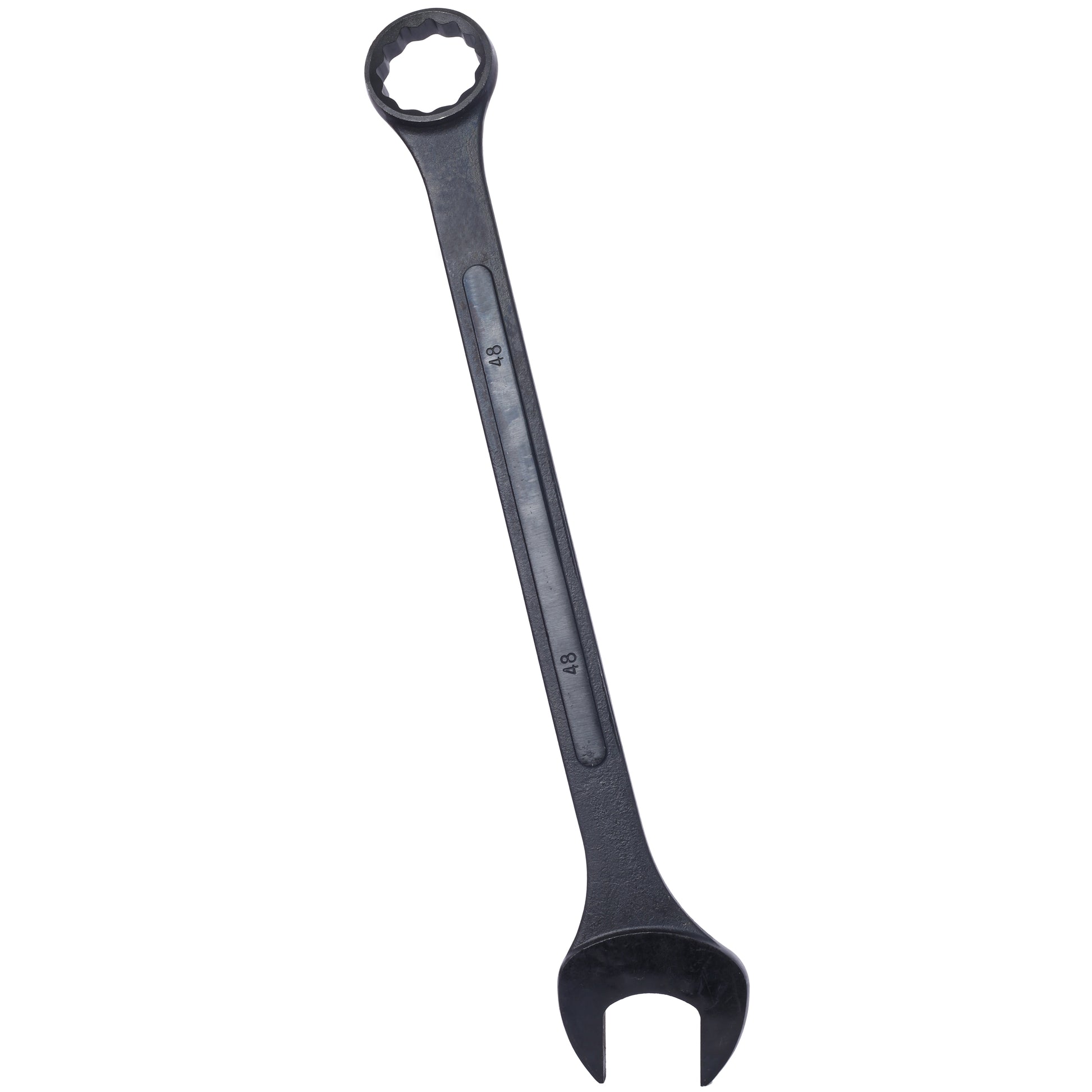 Heavyduty black steel combination wrench with a mm open end and box end