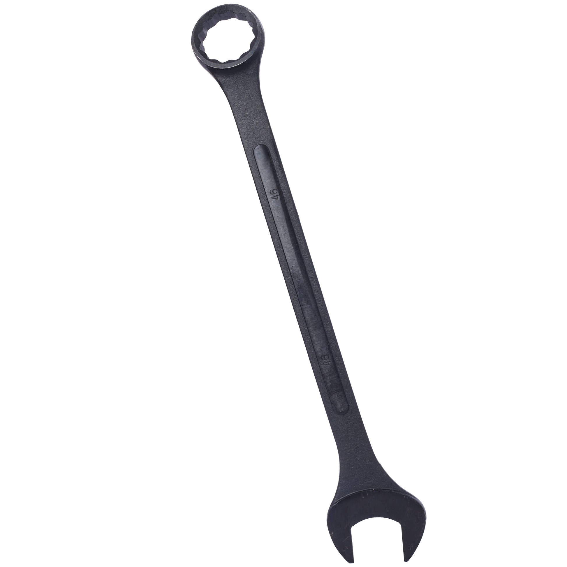 Black mm combination wrench with open and box end for mechanical repairs