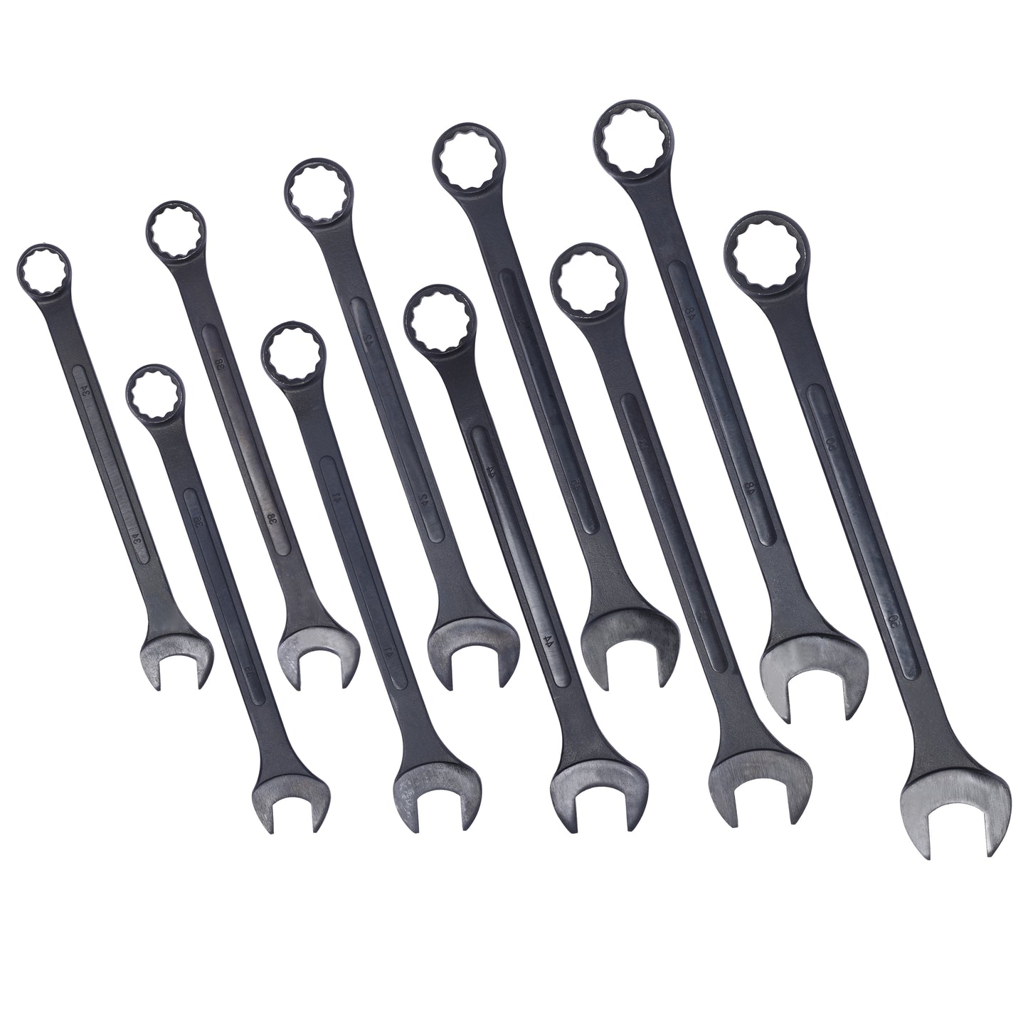Set of nine dark grey combination wrenches varied sizes for automotive repair