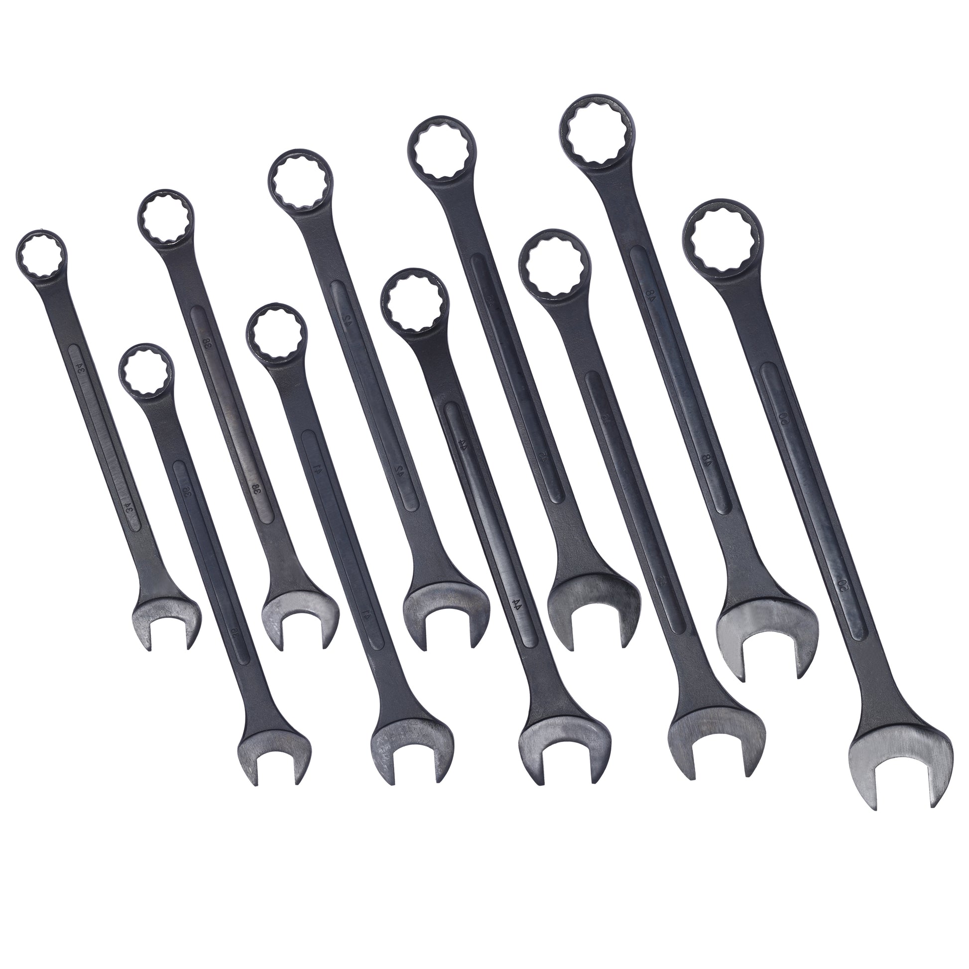 Set of nine dark grey combination wrenches varied sizes for automotive repair