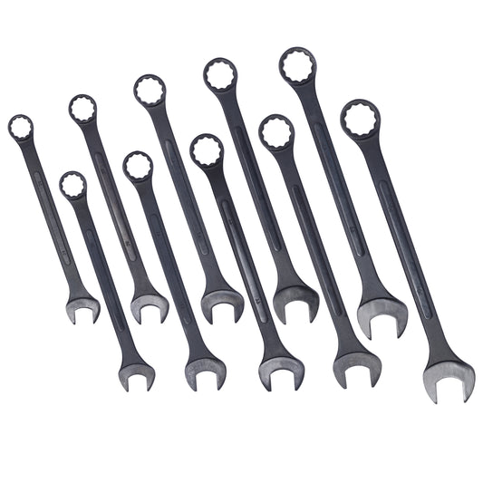 Set of nine dark grey combination wrenches varied sizes for automotive repair
