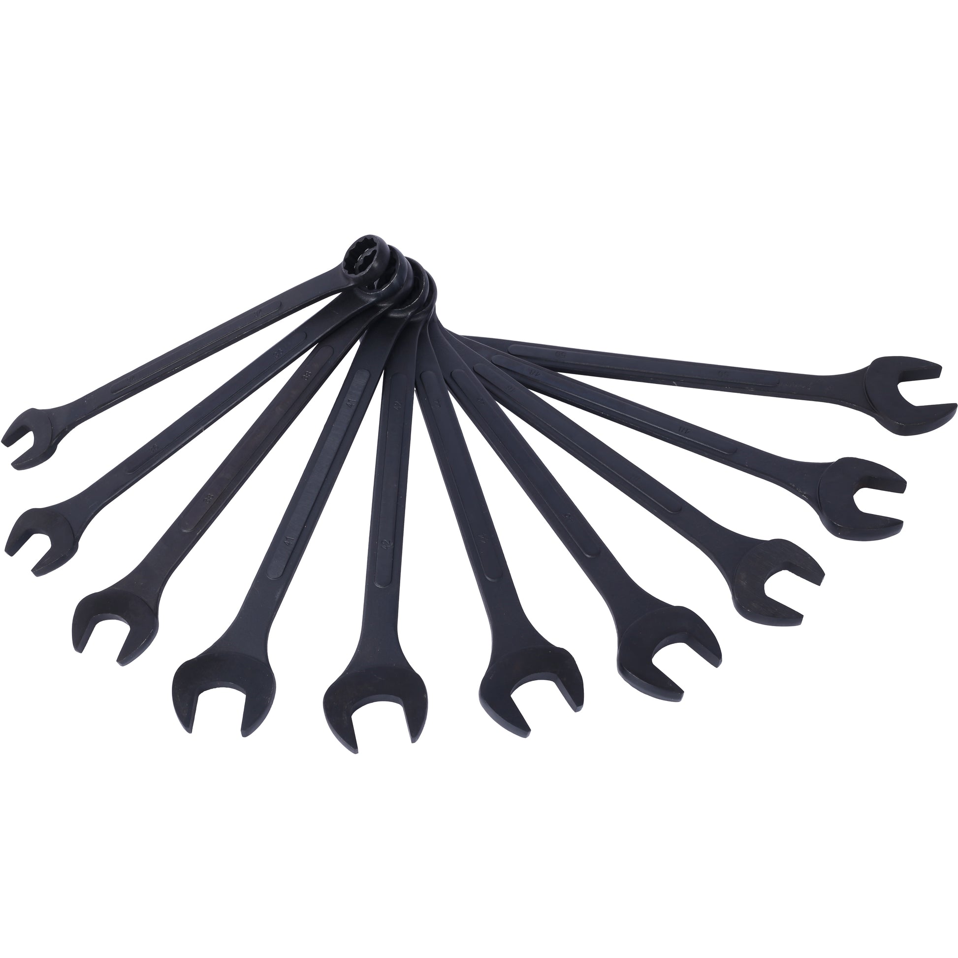 Black metric combination wrench set with open and box ends ideal for auto repair