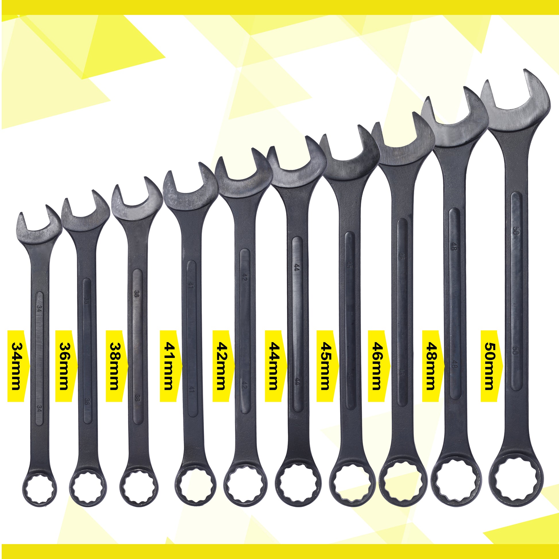 Set of  dark gray combination wrenches ranging from mm to mm on white background