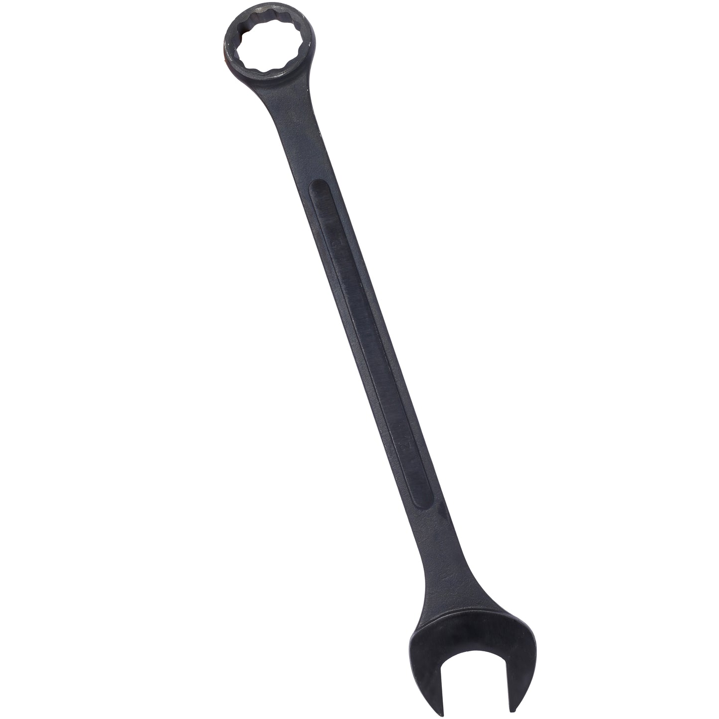 Black steel combination wrench with a point socket and open end for versatile bolt and nut fastening