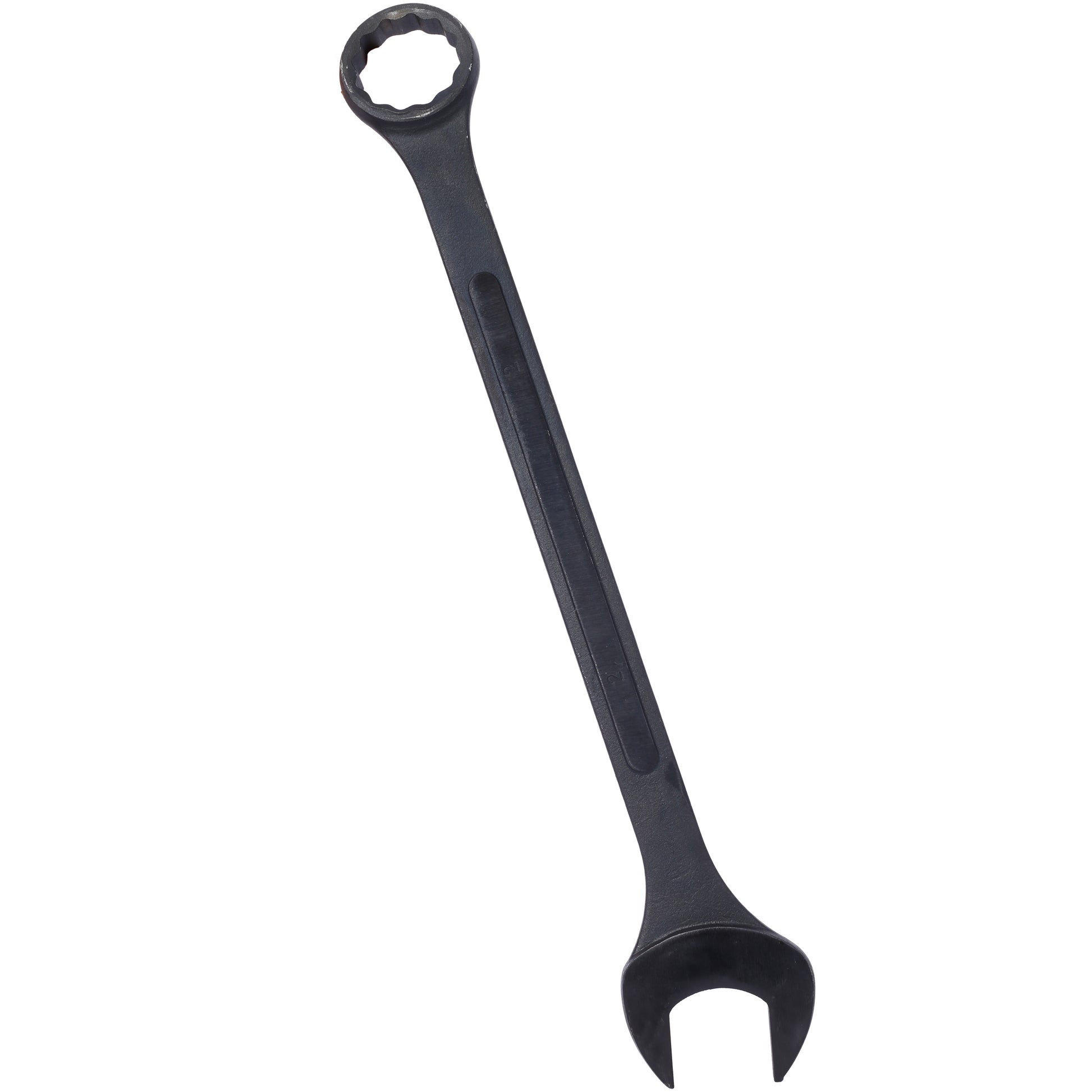 Black steel combination wrench with a point socket and open end for versatile bolt and nut fastening