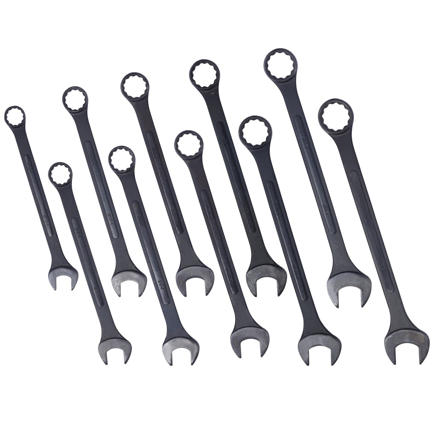 Set of ten dark steel combination wrenches with various sizes for mechanical tasks