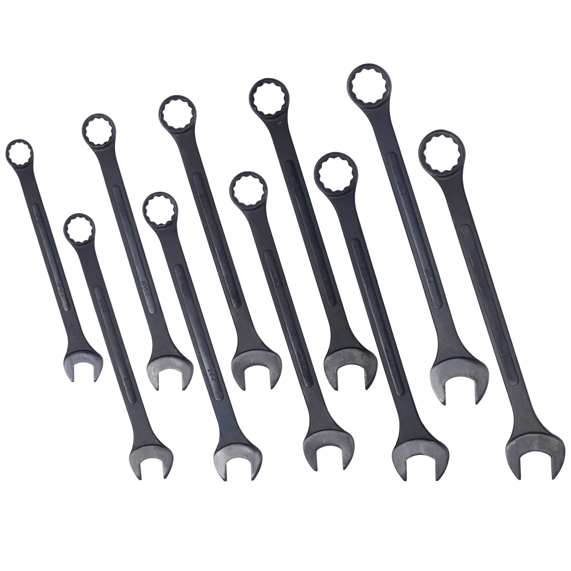 Set of ten dark steel combination wrenches with various sizes for mechanical tasks