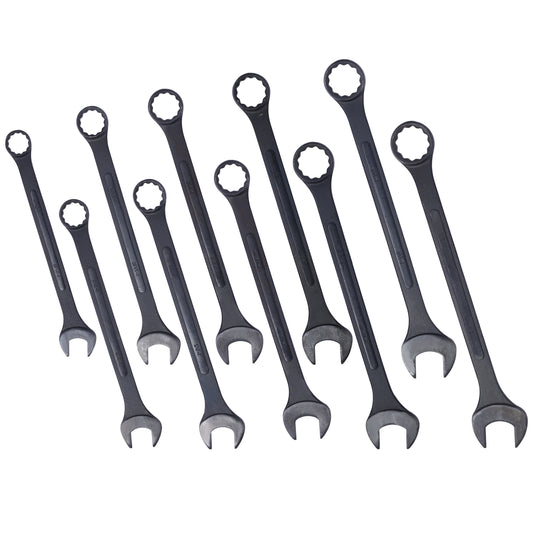 Set of ten dark steel combination wrenches with various sizes for mechanical tasks
