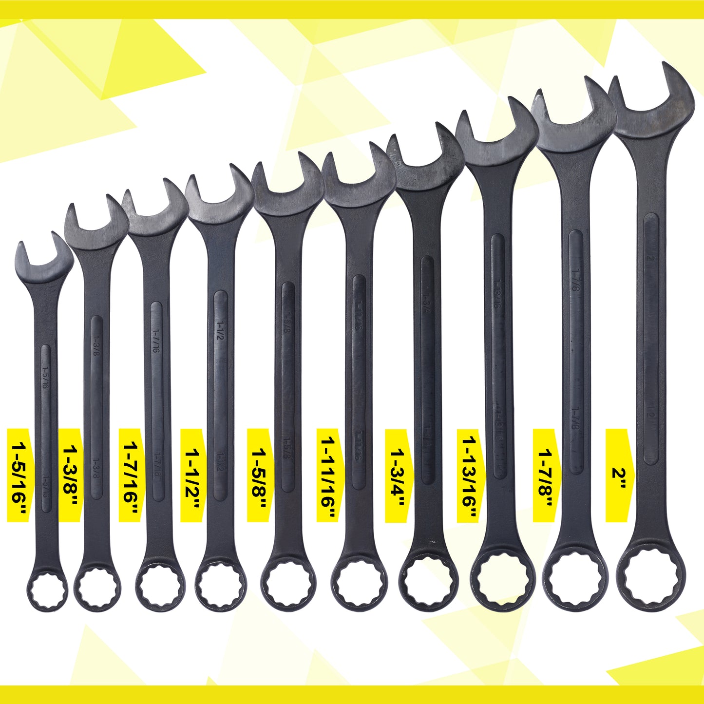 Set of  black steel combination wrenches from  to