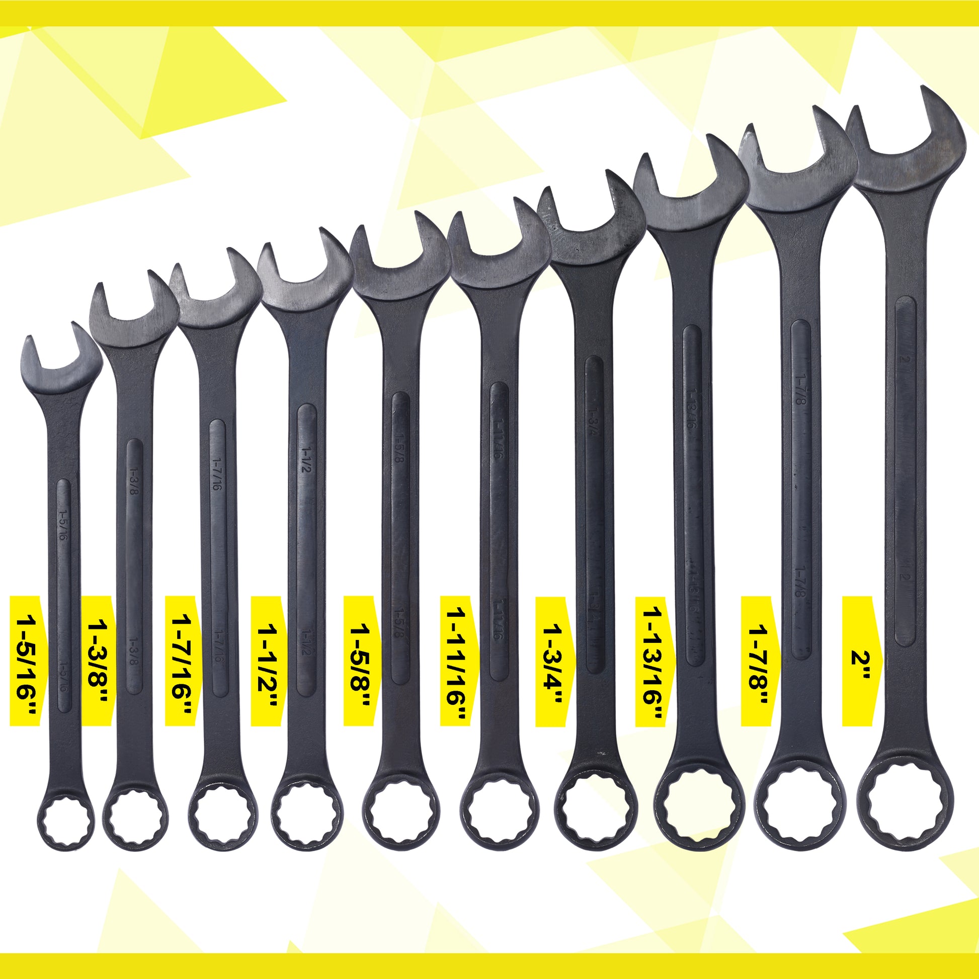 Set of  black steel combination wrenches from  to