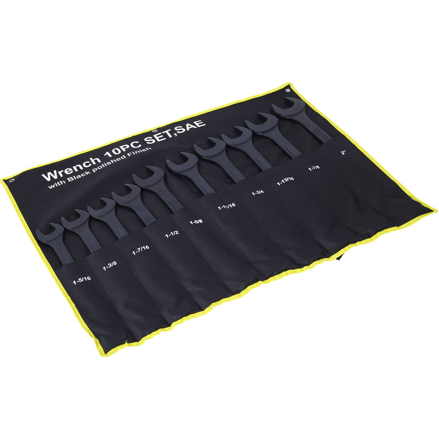 SAE wrench set featuring  pieces with a black polished finish in a rollup case