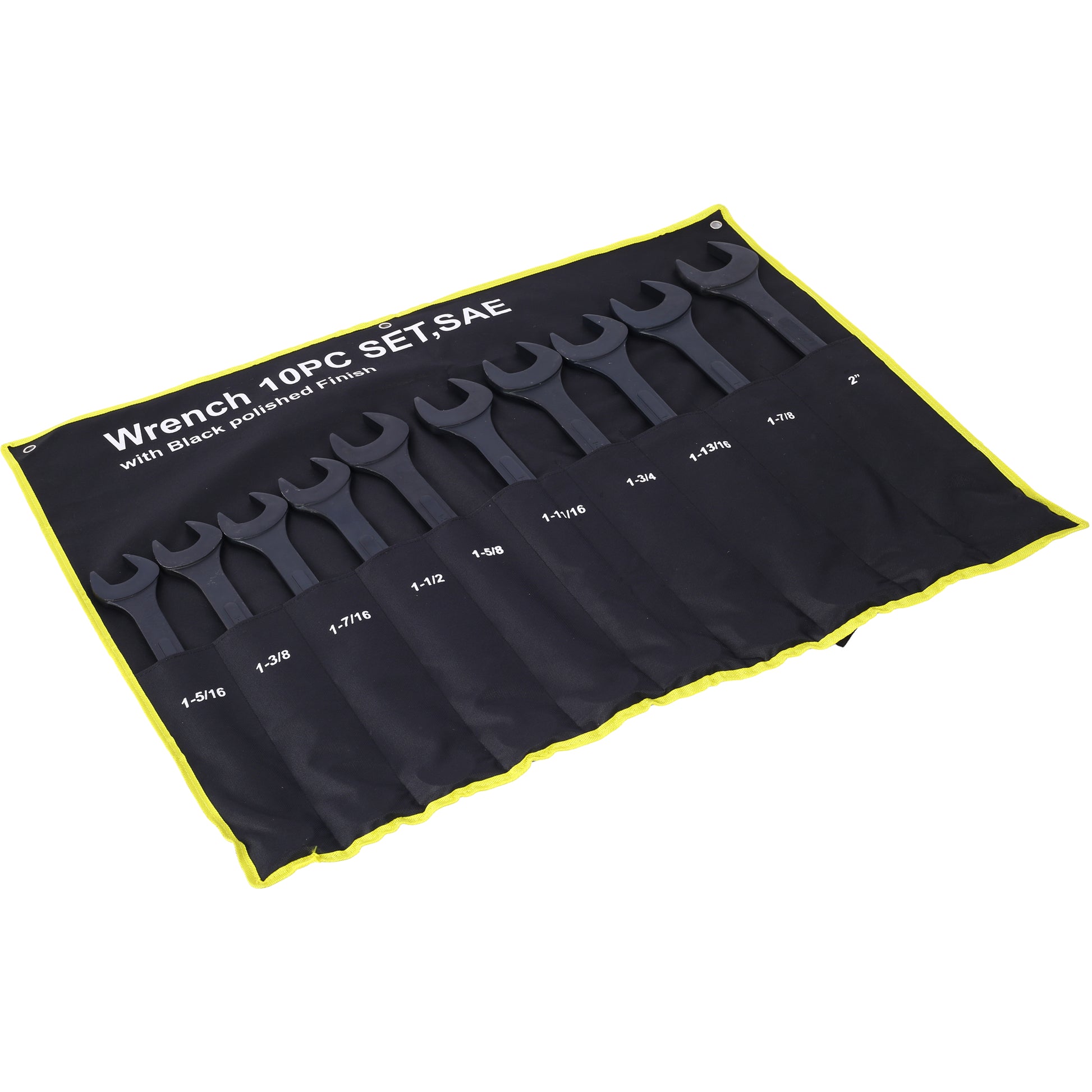 SAE wrench set featuring  pieces with a black polished finish in a rollup case