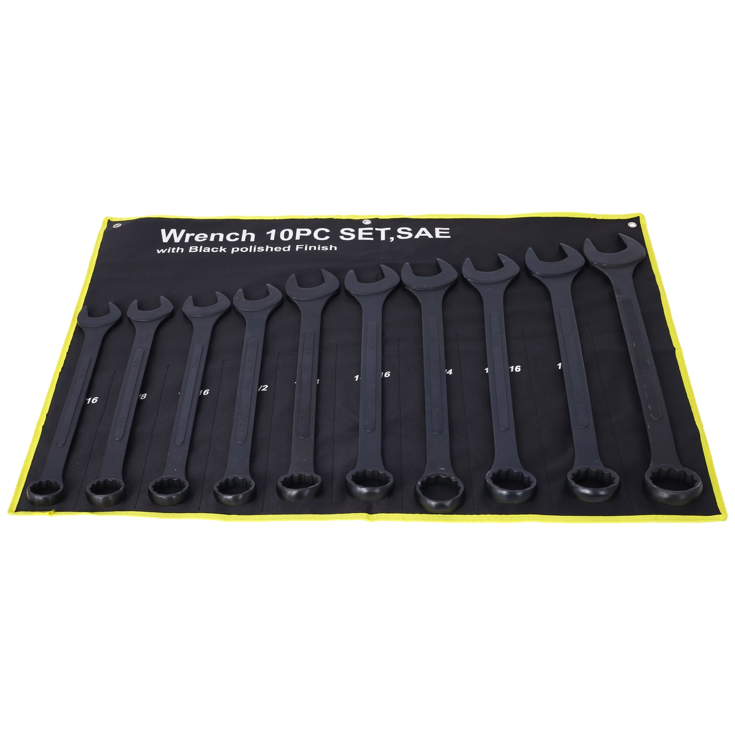 PC SAE wrench set with black polished finish featuring various sizes arranged in a roll