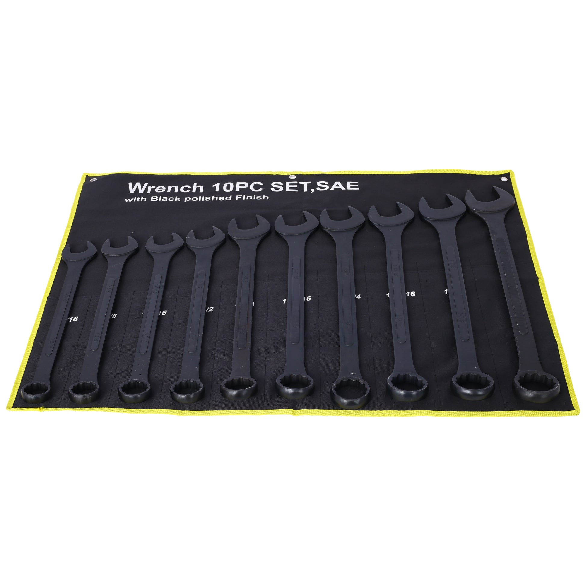 PC SAE wrench set with black polished finish featuring various sizes arranged in a roll