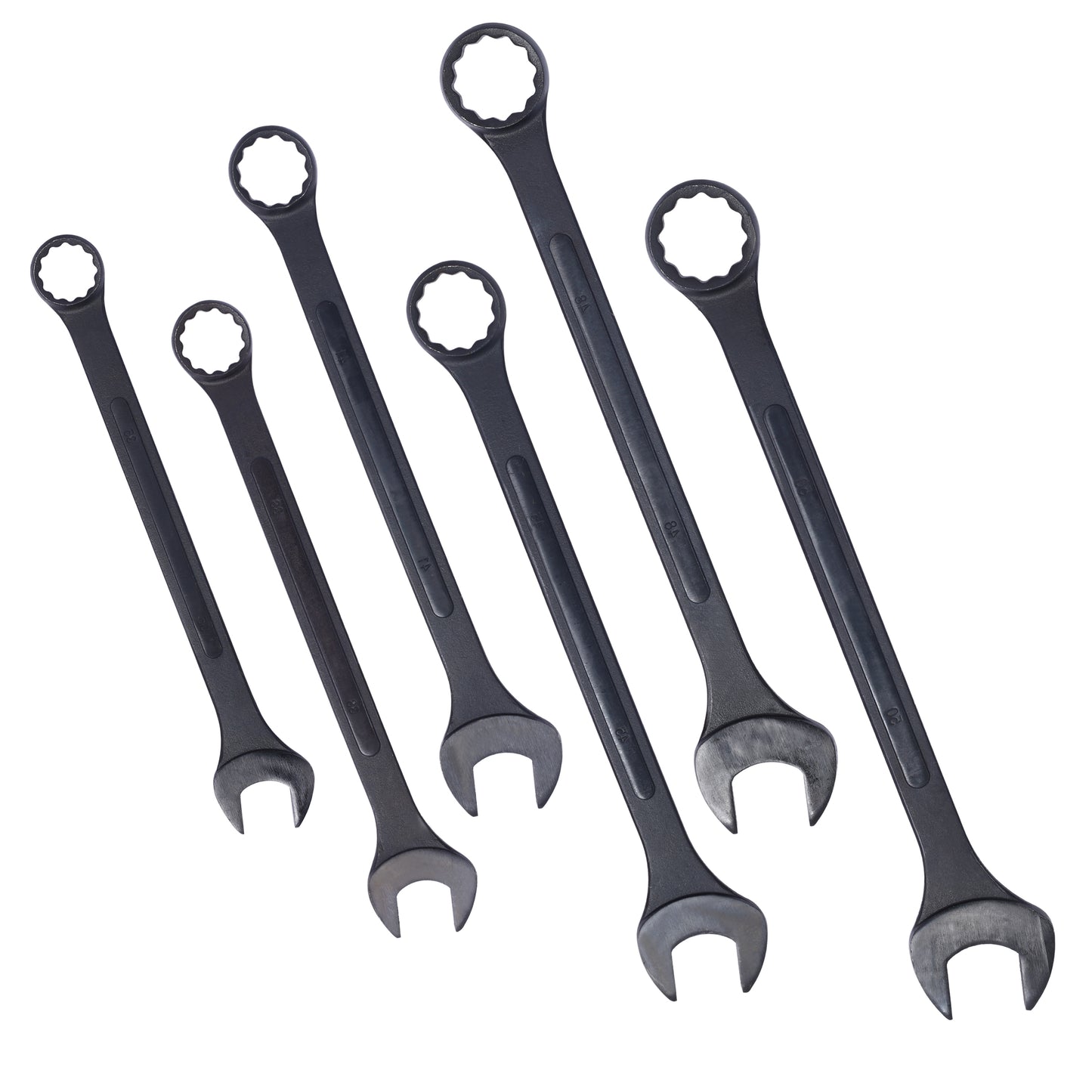 Set of six black combination wrenches with various sizes clearly marked