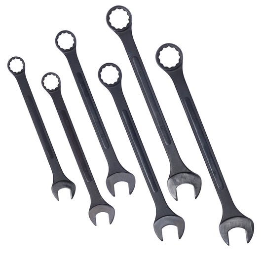 Set of six black combination wrenches with various sizes clearly marked
