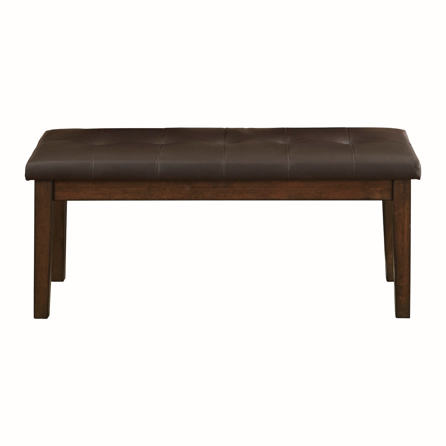 Dark brown tufted faux leather bench with dark wood legs