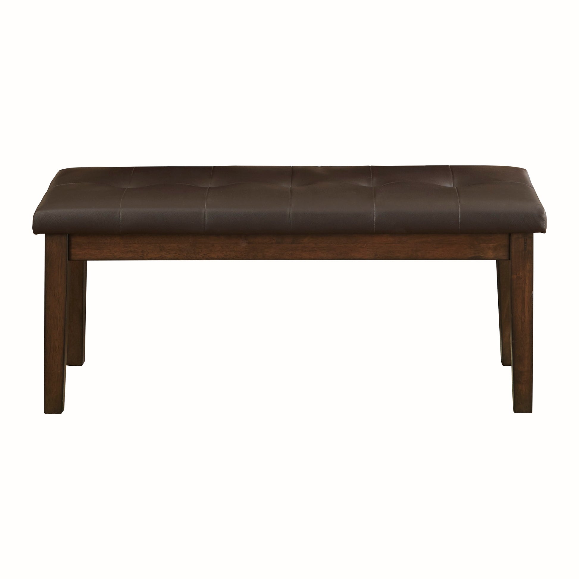 Dark brown tufted faux leather bench with dark wood legs