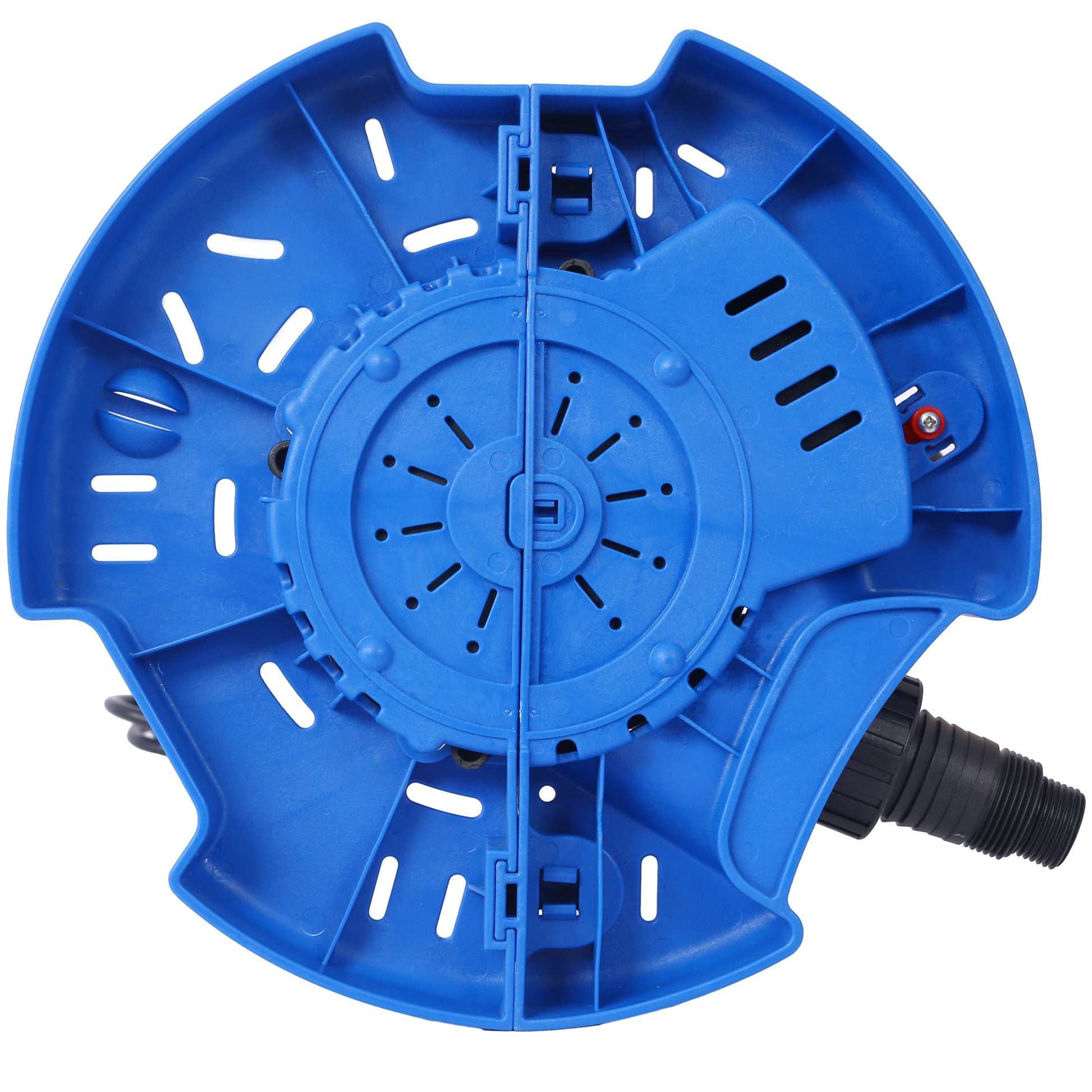 Blue plastic lawn sprinkler base with adjustable spray pattern