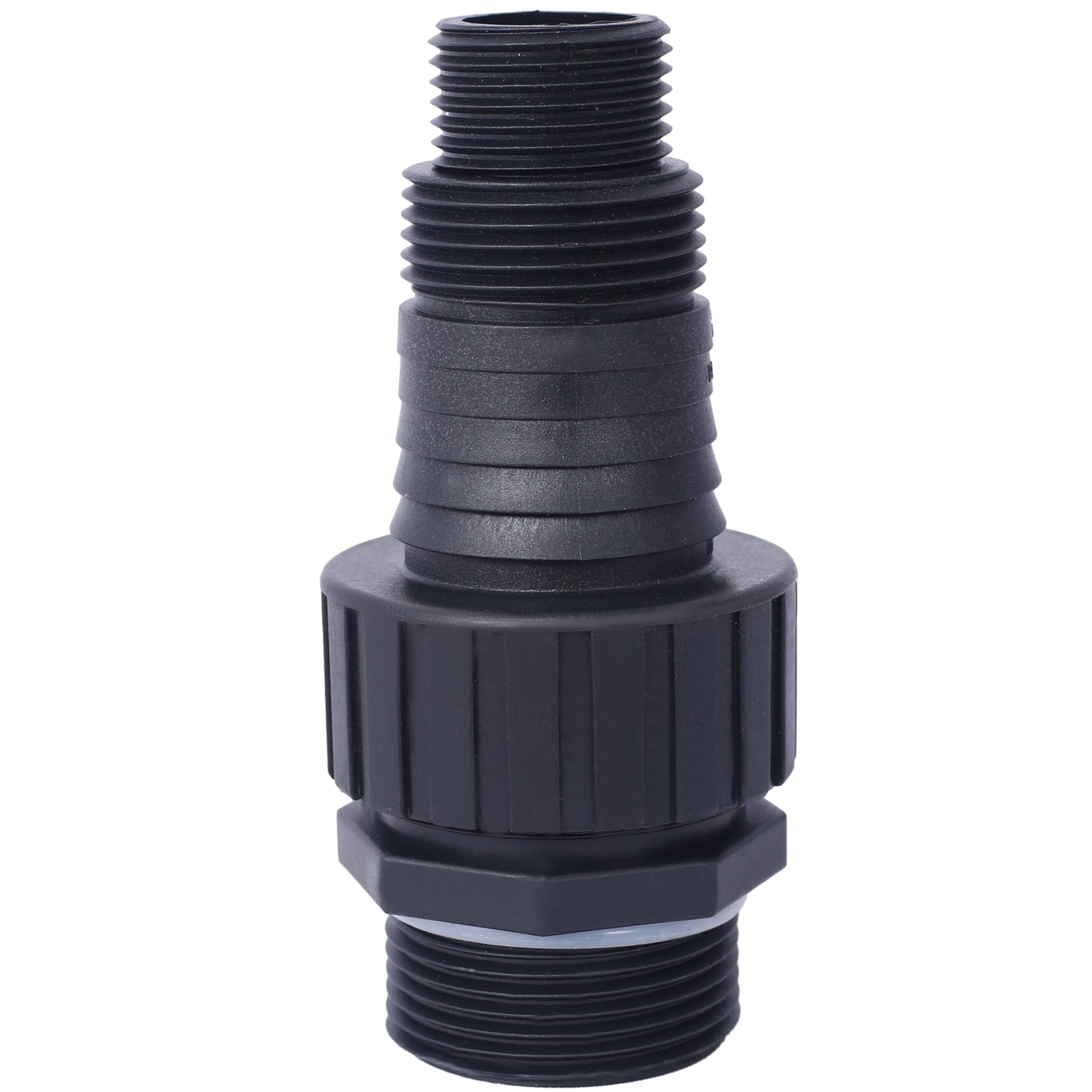Black plastic threaded hose adapter with barbed fitting and swivel nut