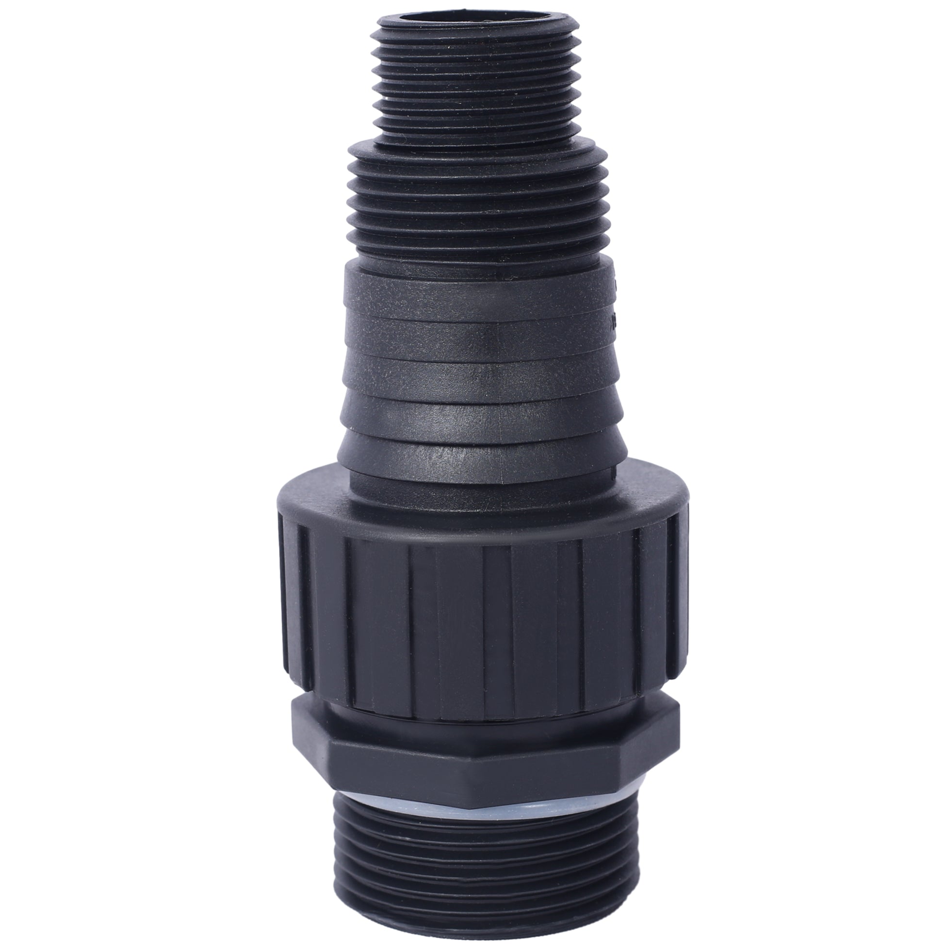 Black plastic threaded hose adapter with barbed fitting and swivel nut