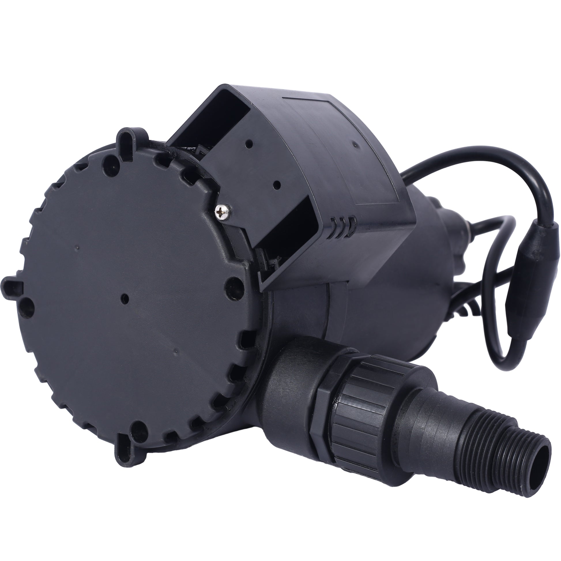 Black submersible pump with threaded outlet ideal for aquariums and ponds