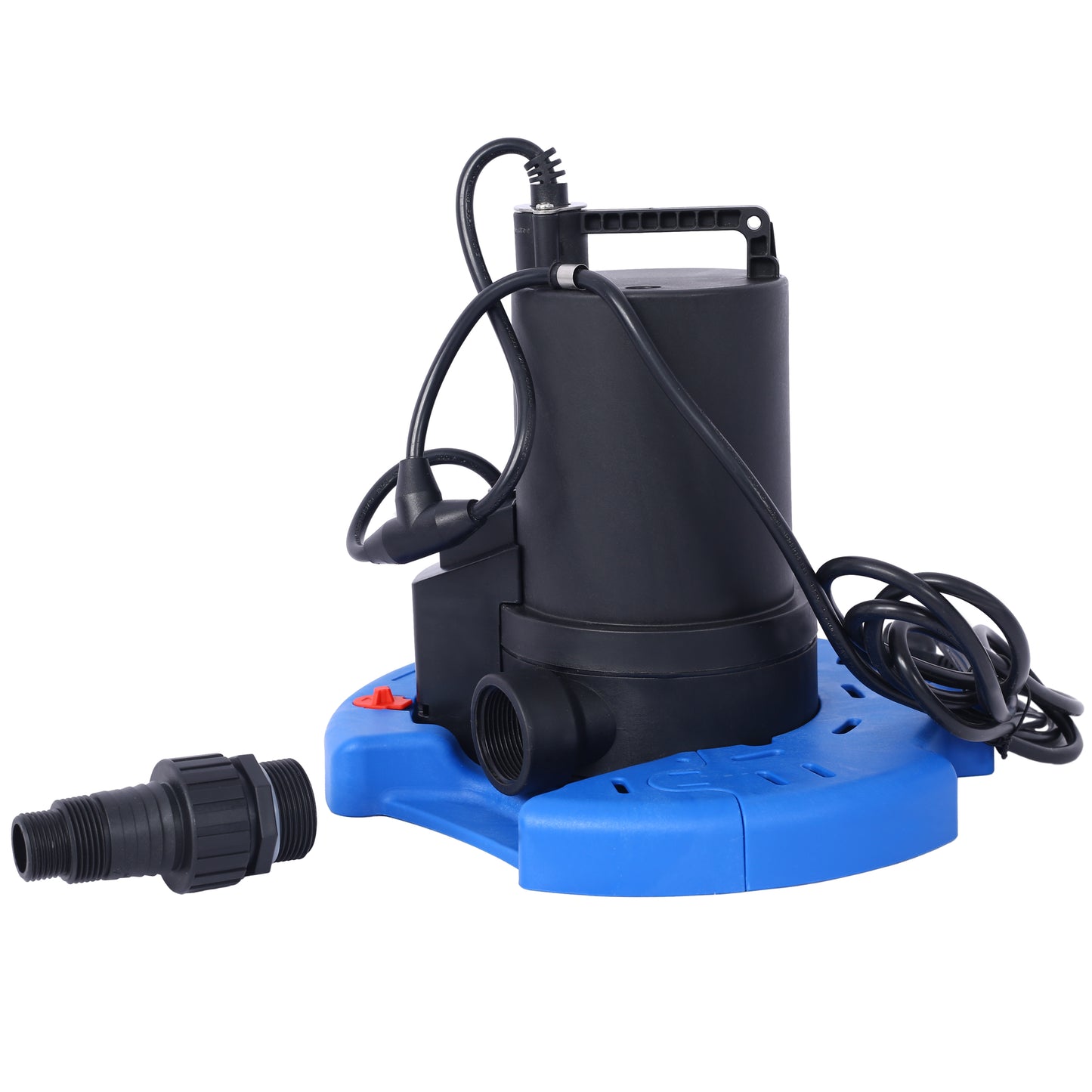 Black and blue submersible pump with discharge adapter and power cord ideal for drainage tasks