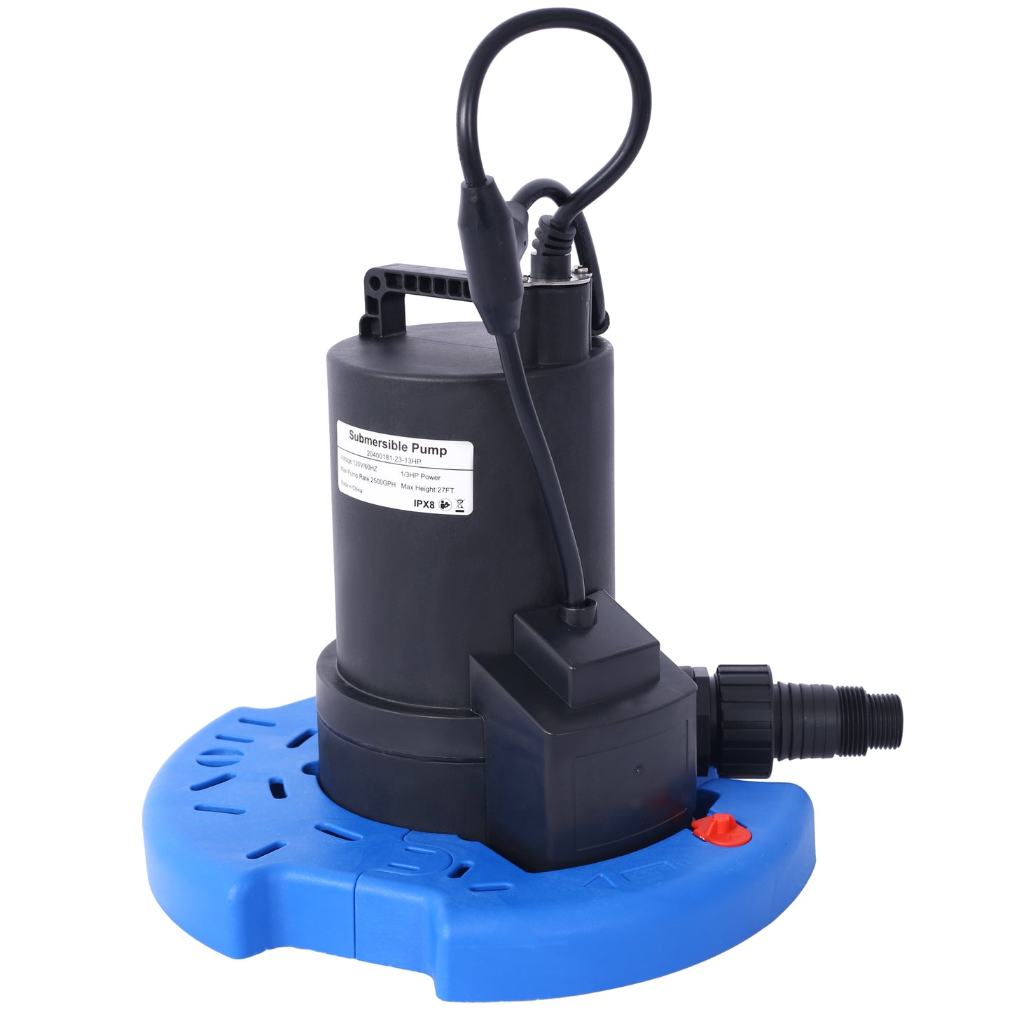 Black  HP submersible pump with blue base and  GPH flow rate
