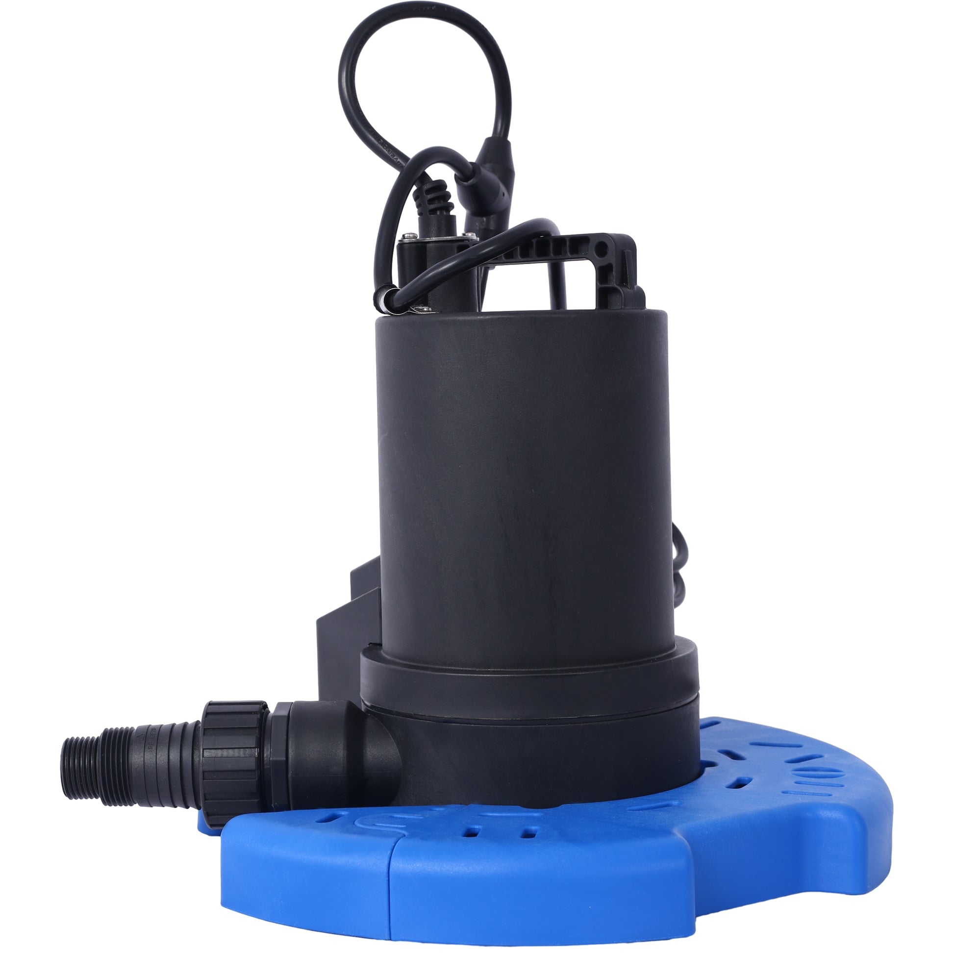 Submersible sump pump with black motor housing and bright blue base essential for basement water removal