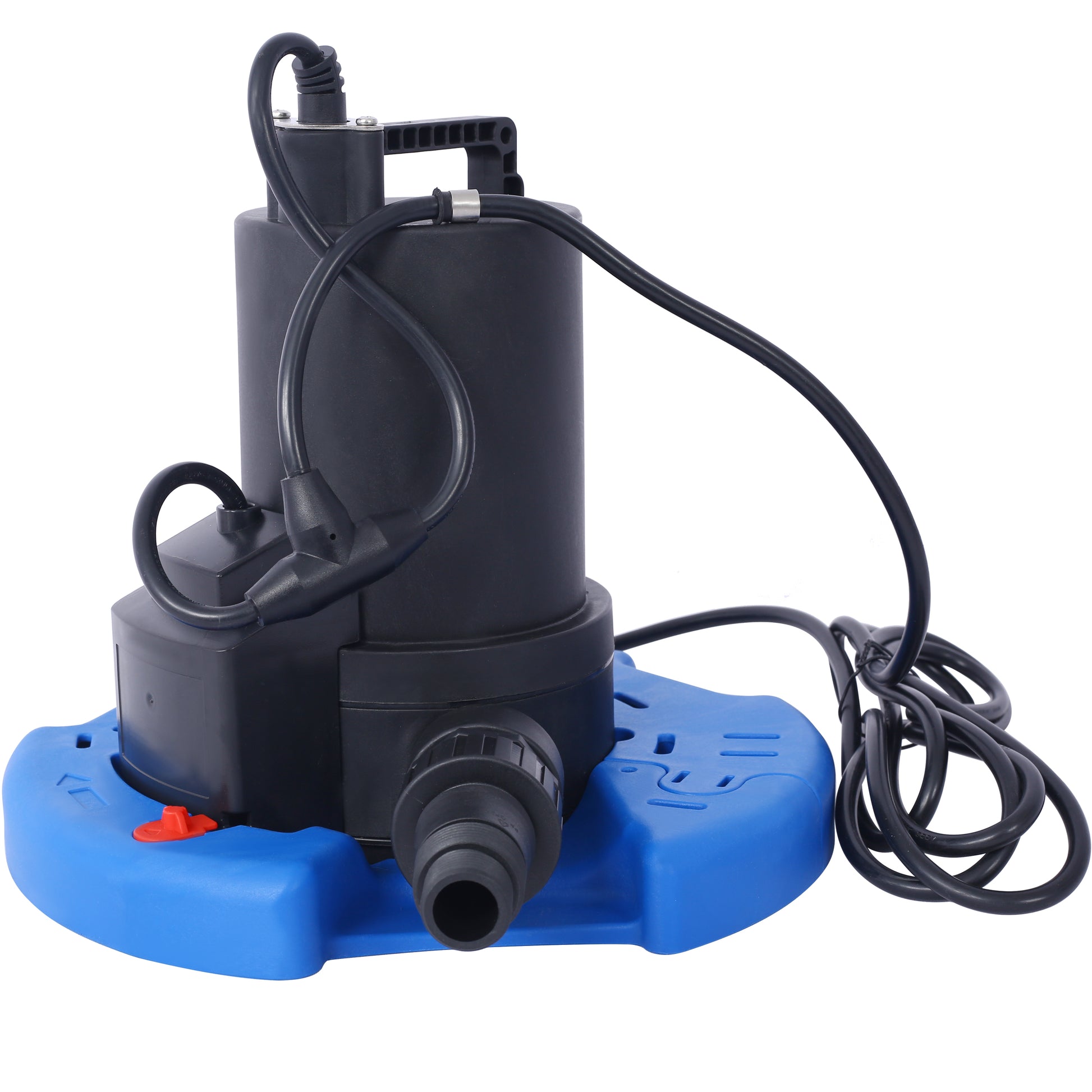 Black submersible pump with blue base and hose outlet for garden ponds