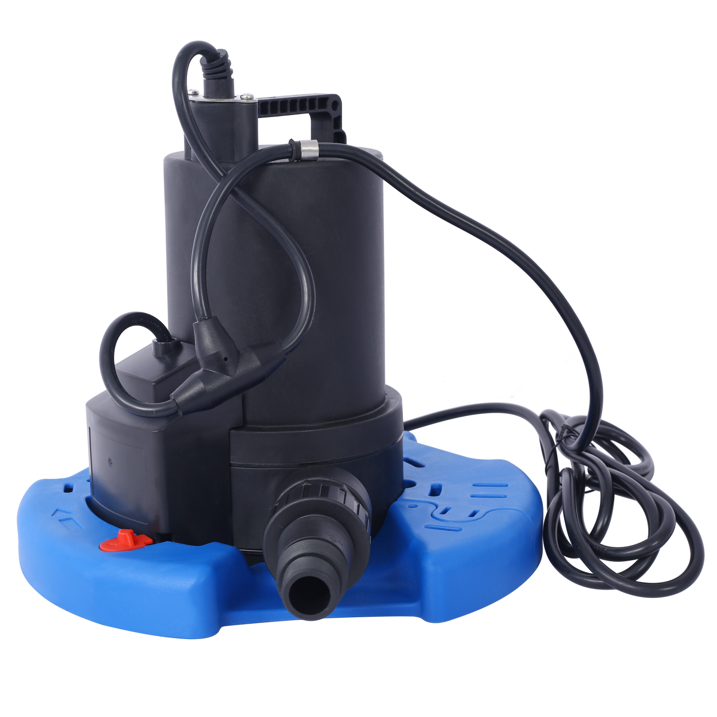 Black submersible pump with a blue base and hose attachment for pond use