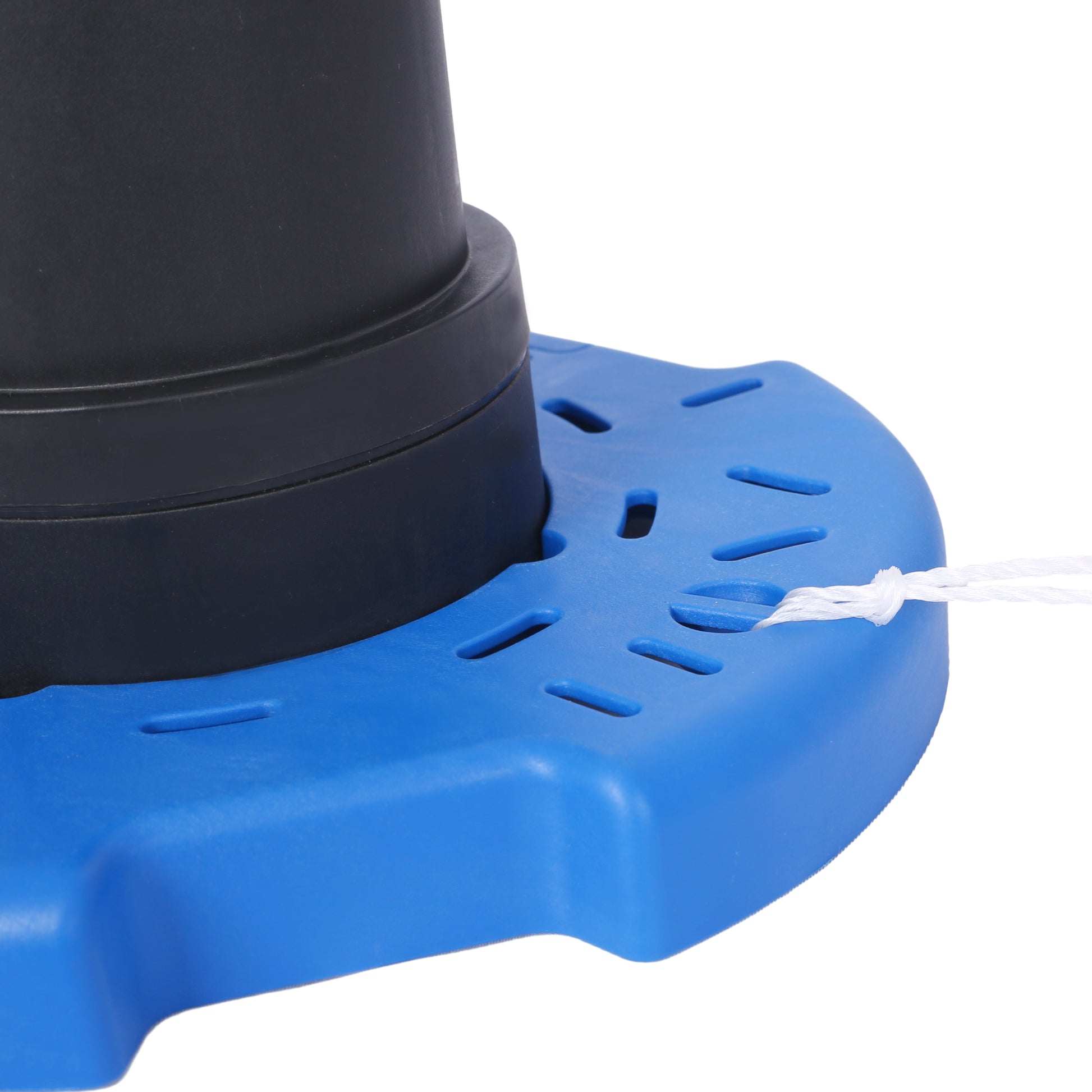 Closeup of a black plastic nozzle attached to a blue perforated base with a white rope for a hose reel accessory