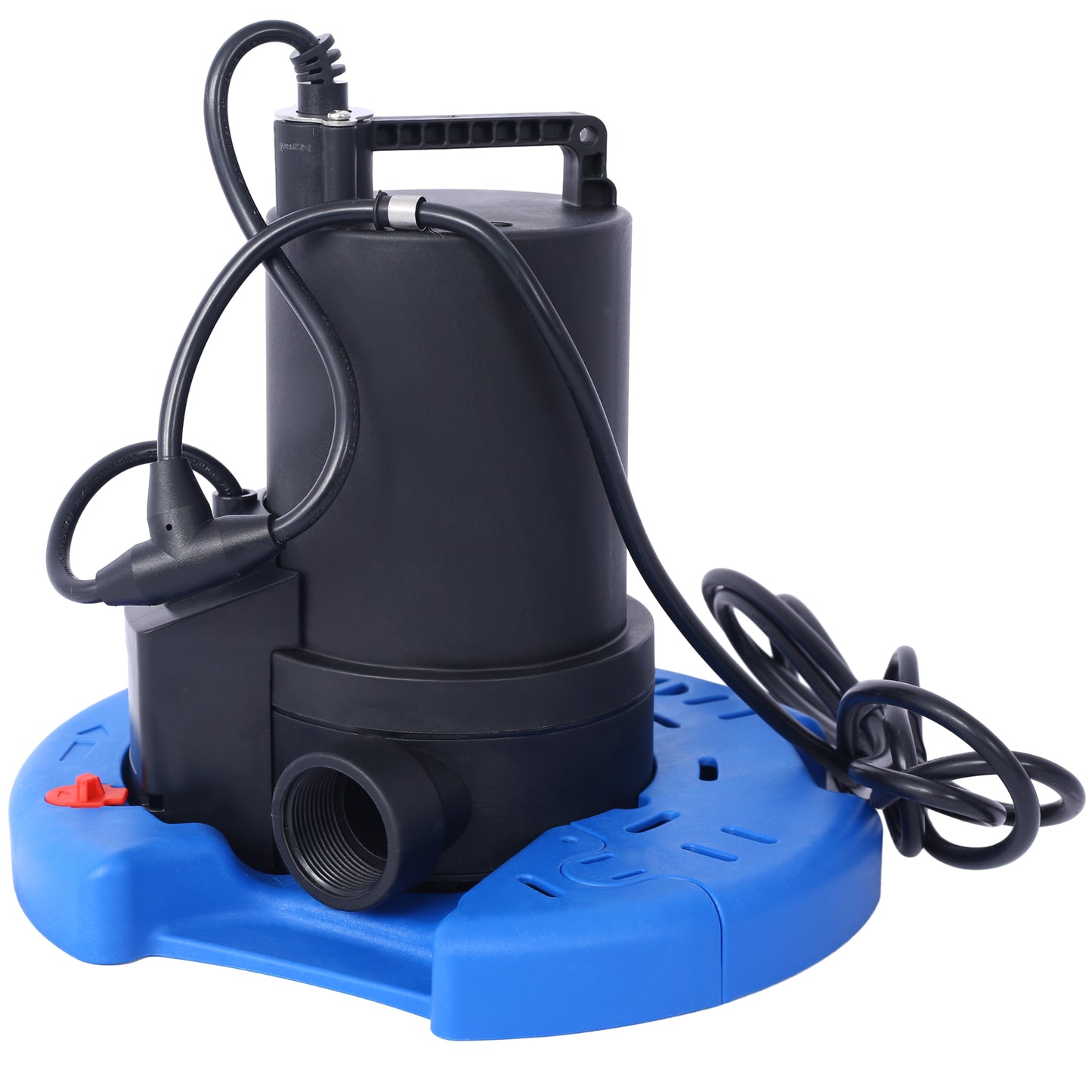 Black submersible pump with blue base and integrated handle for drainage and water transfer