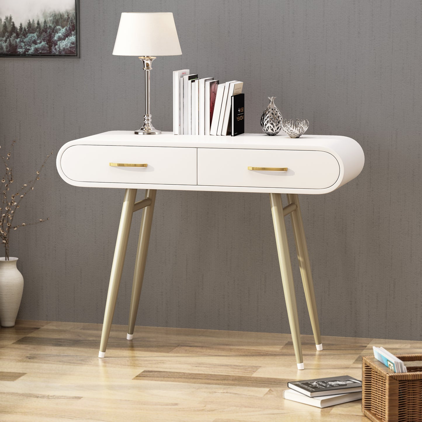 White modern console table with gold drawer pulls and tapered legs perfect for hallways
