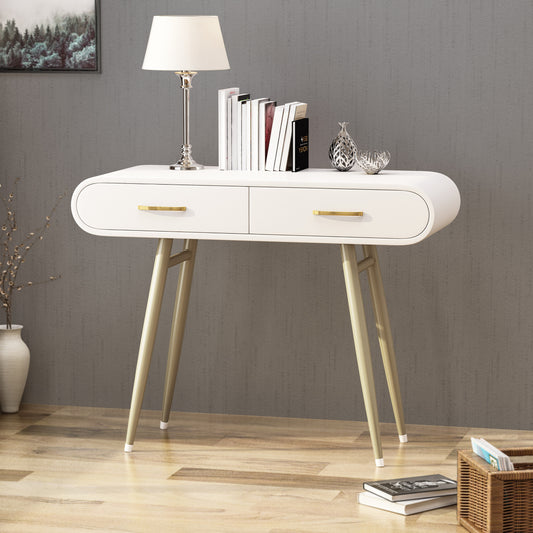 White modern console table with gold drawer pulls and tapered legs perfect for hallways