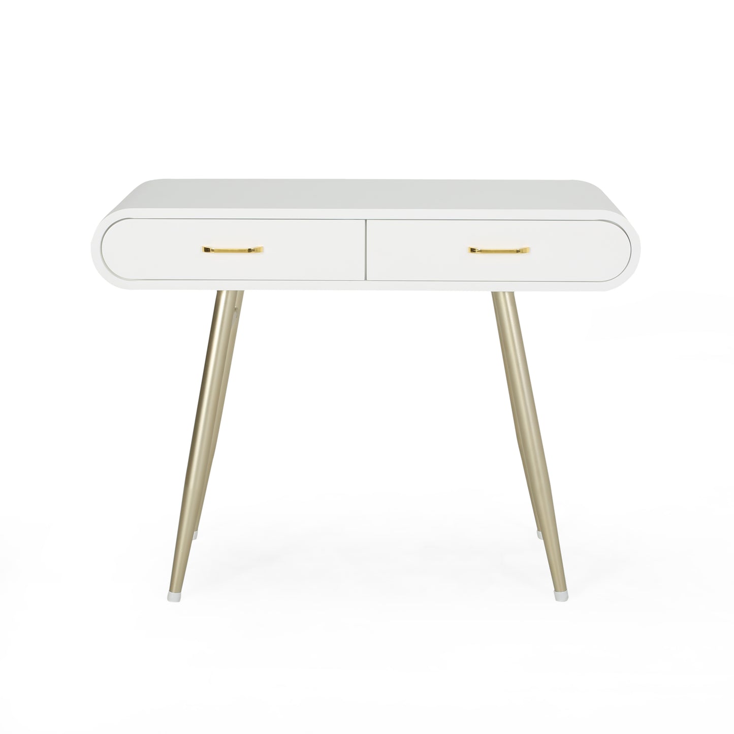 White modern writing desk with two gold drawer pulls and tapered gold legs