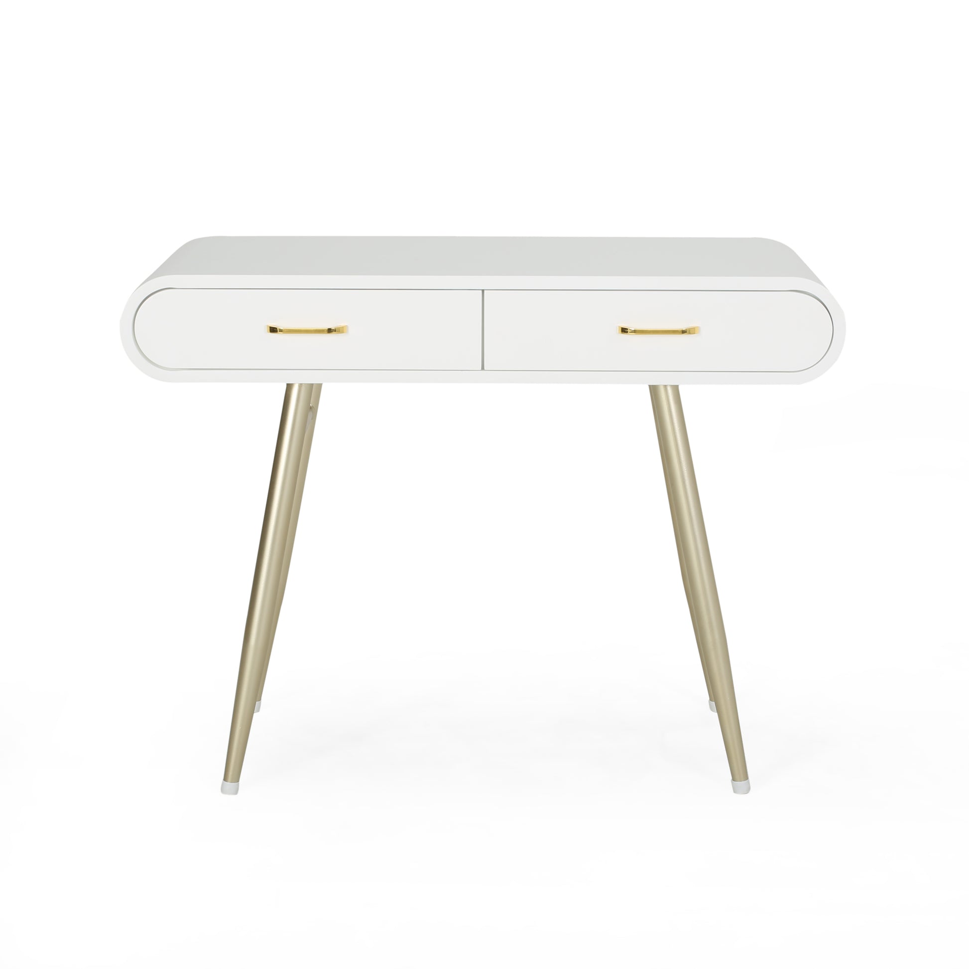 White modern writing desk with two gold drawer pulls and tapered gold legs