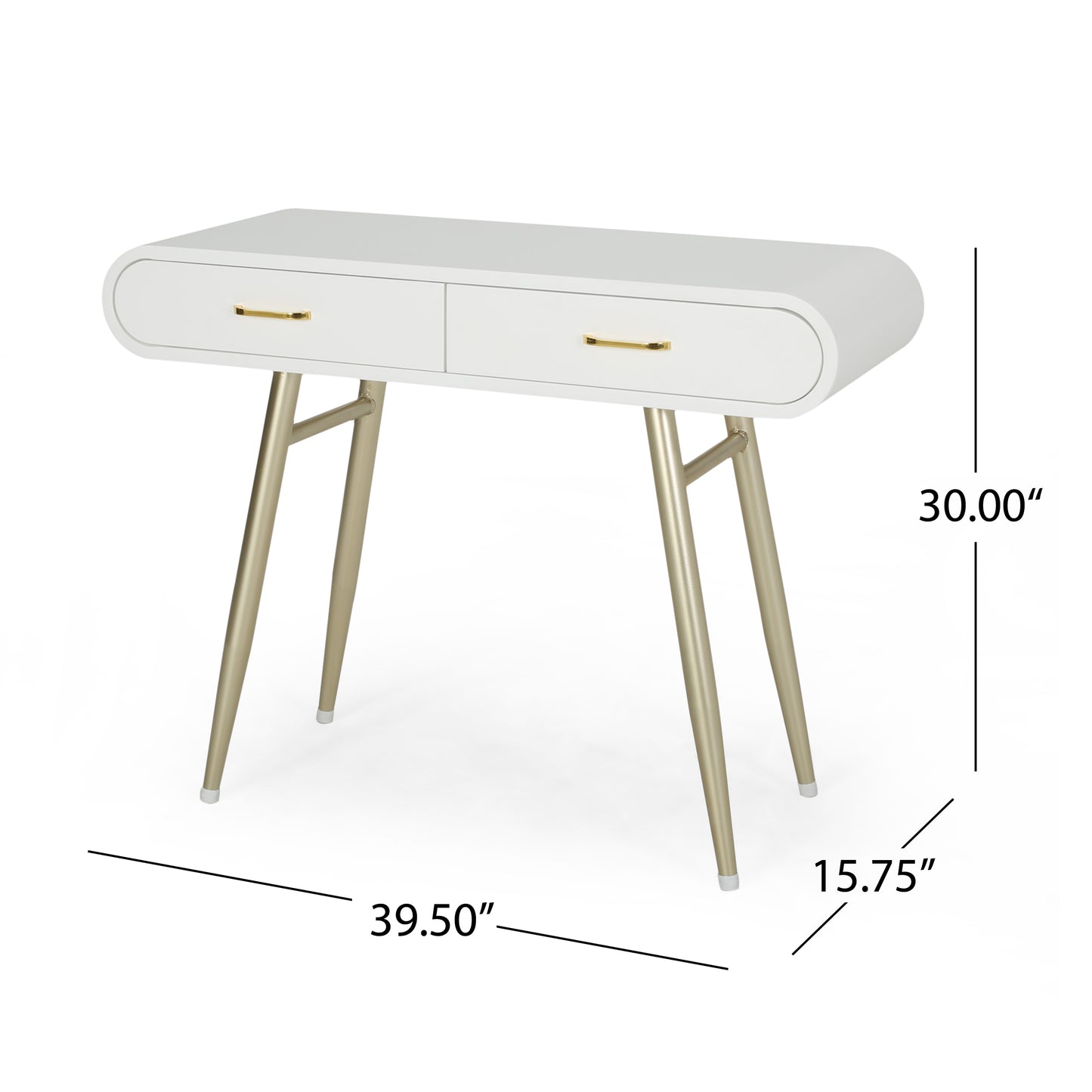 White midcentury modern desk with gold hairpin legs and two drawers
