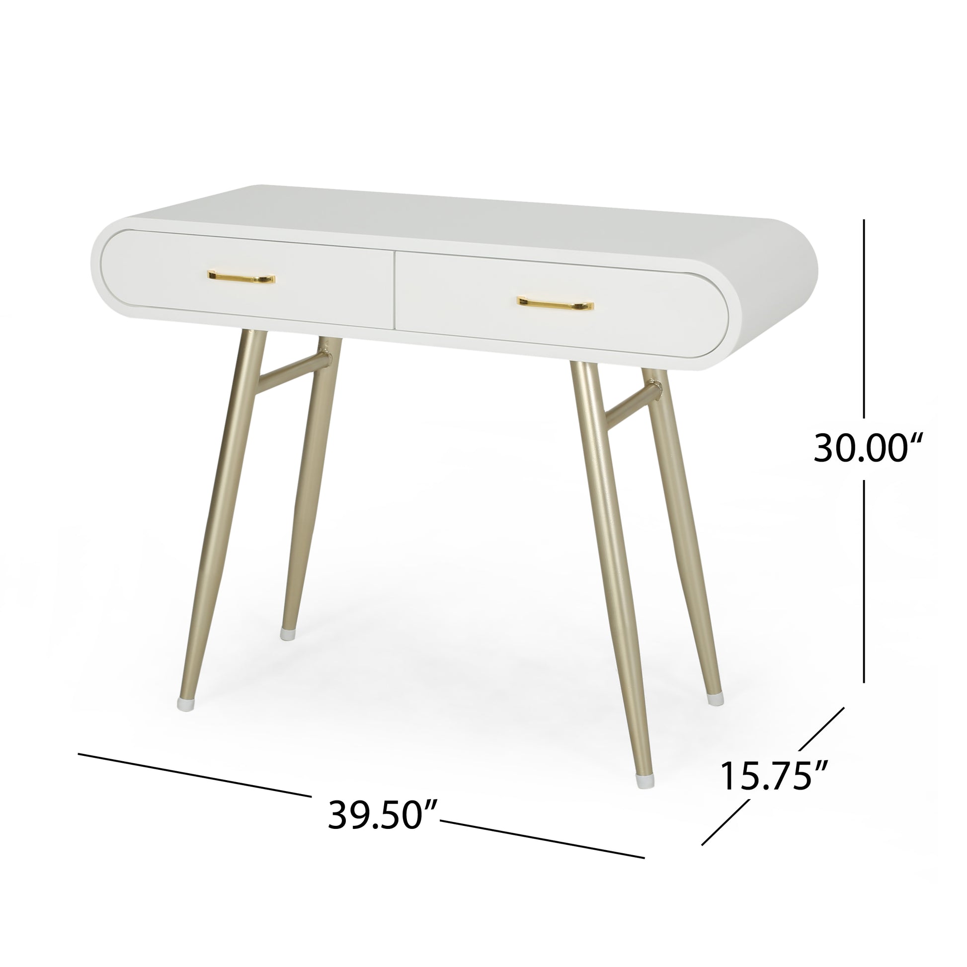 White midcentury modern desk with gold hairpin legs and two drawers