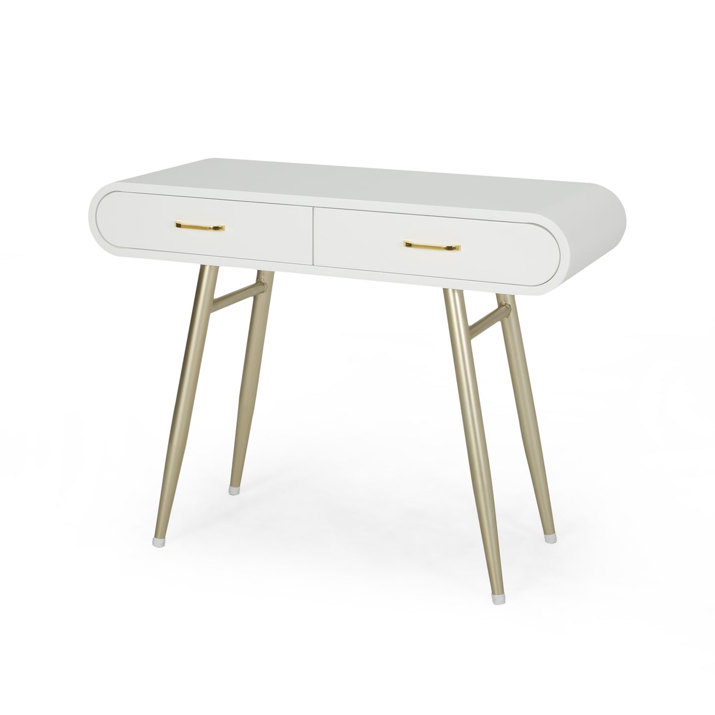 White minimalist desk with two gold drawer pulls and gold tapered legs