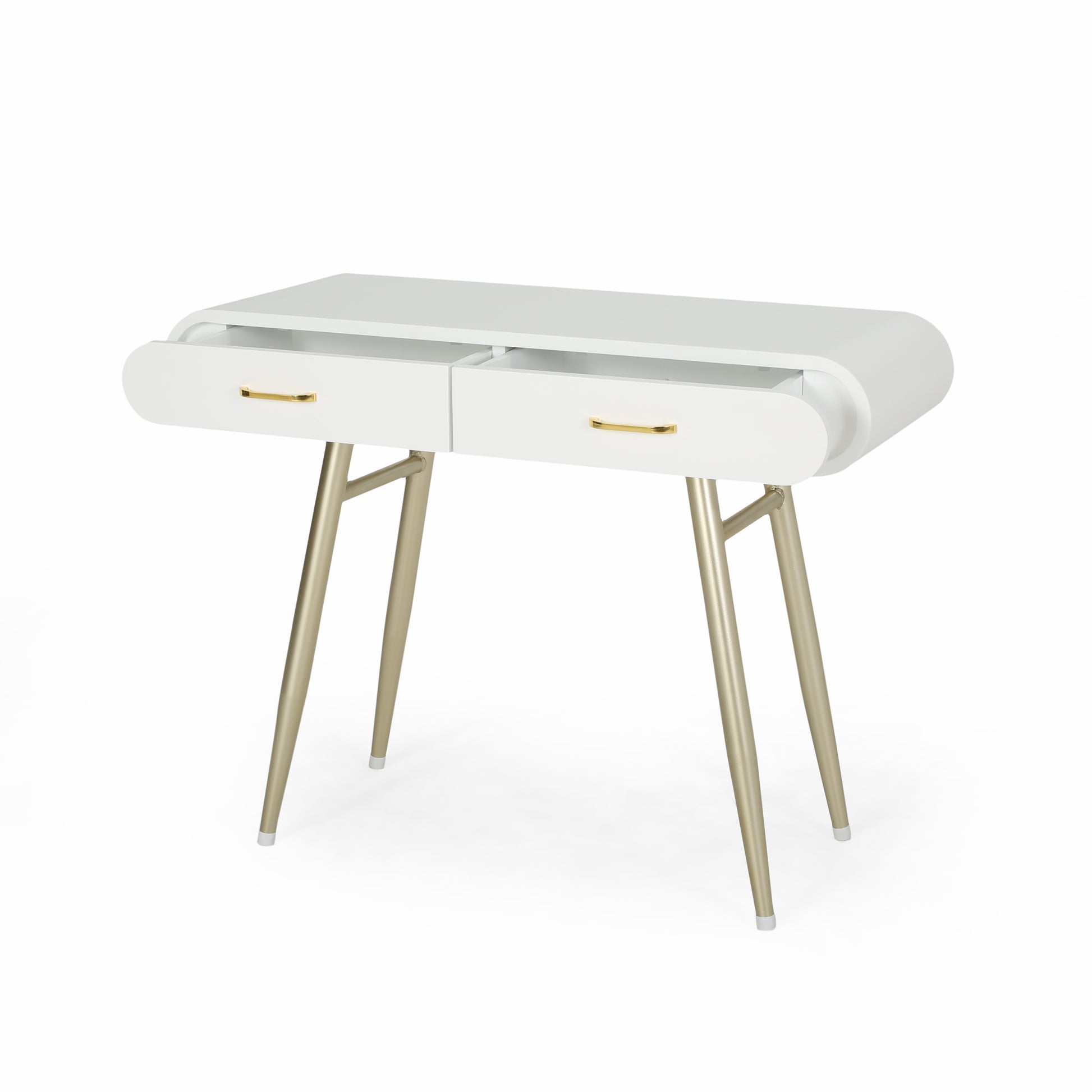 Modern white vanity desk with gold drawer pulls and tapered legs