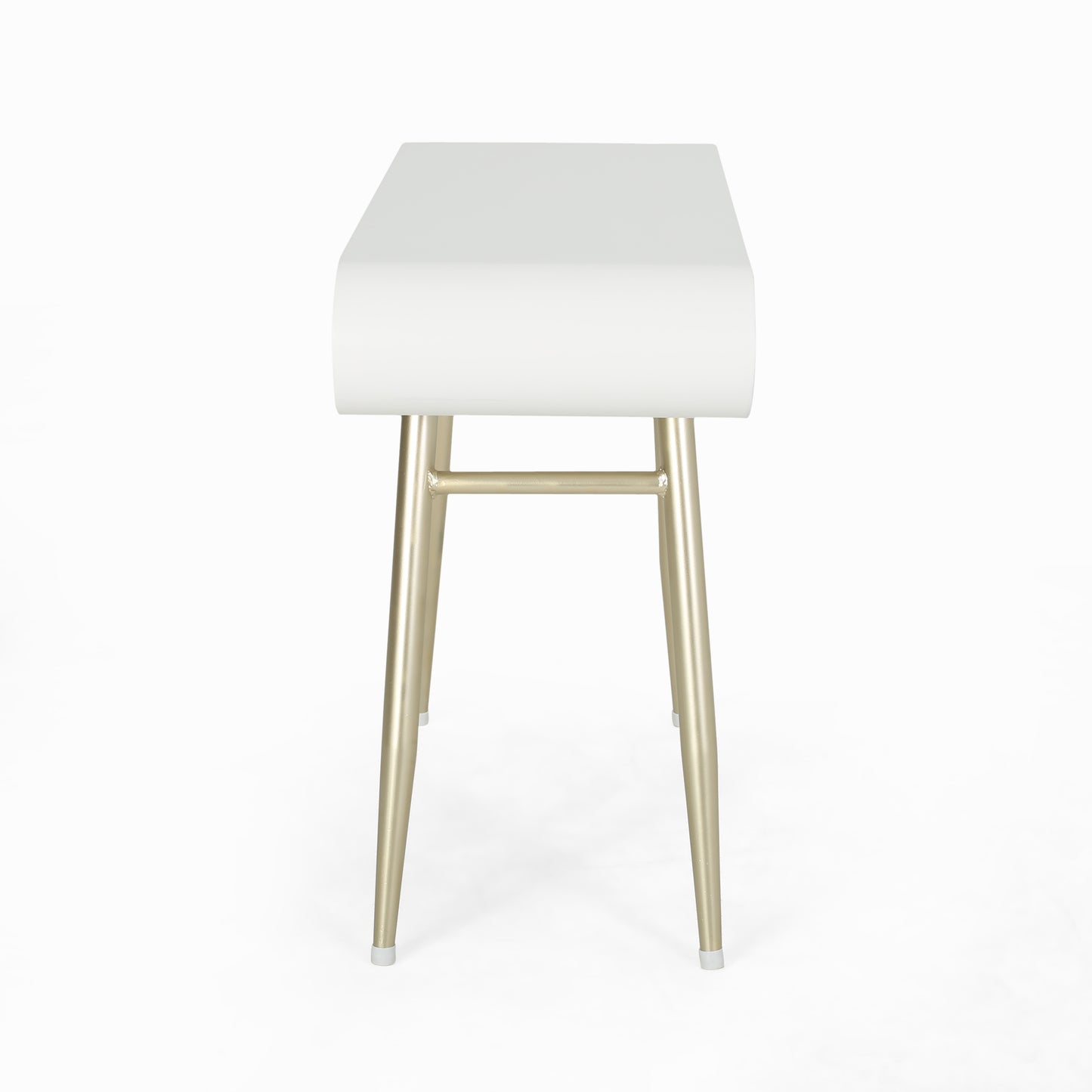 White modern console table with curved top and gold tapered legs