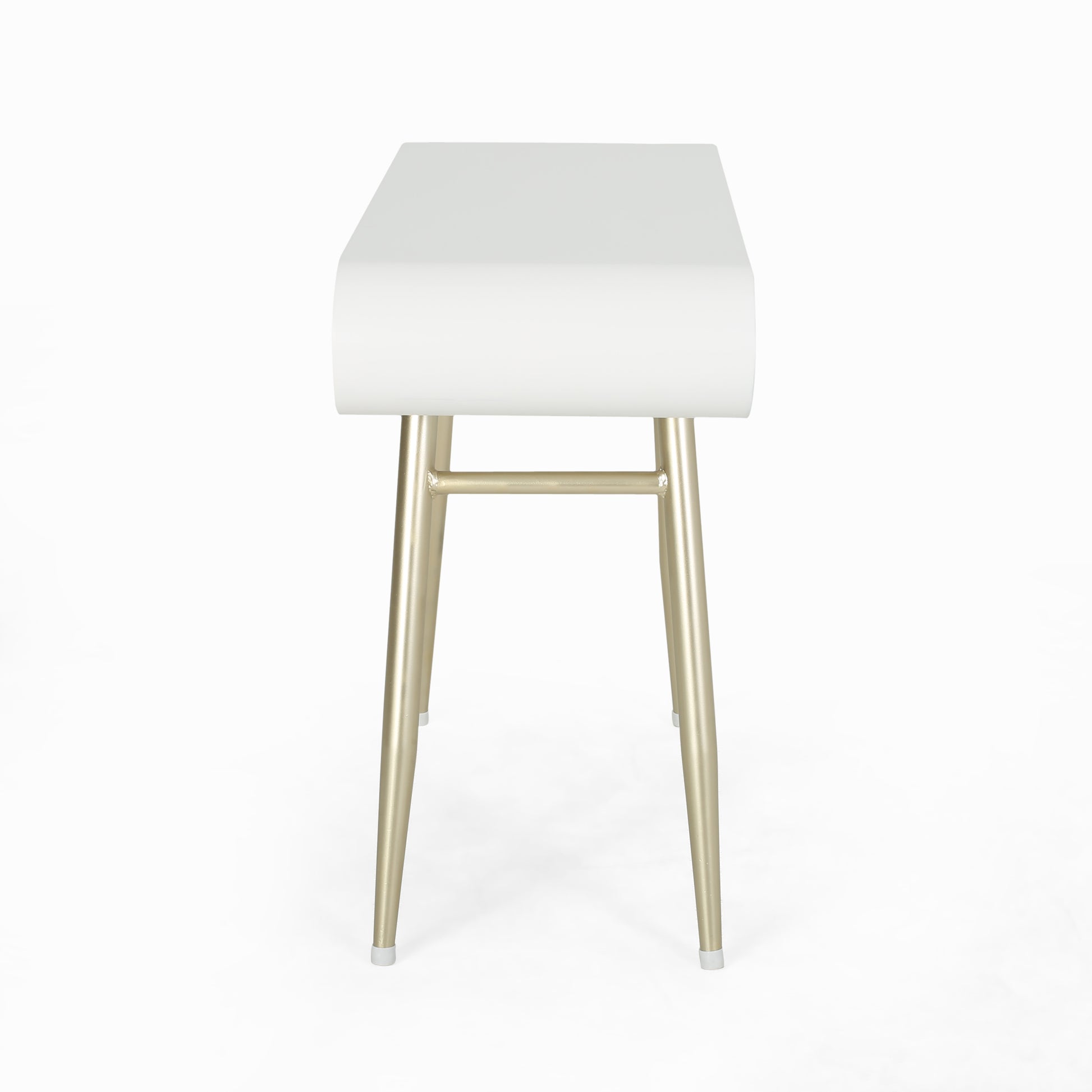 White modern console table with curved top and gold tapered legs