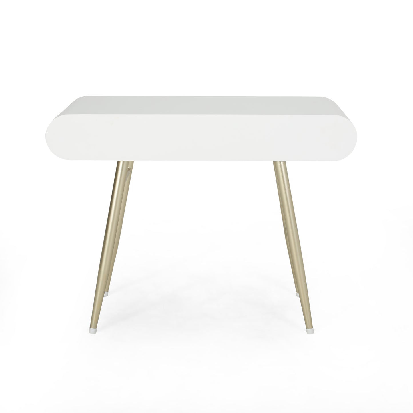 White modern console table with gold tapered legs