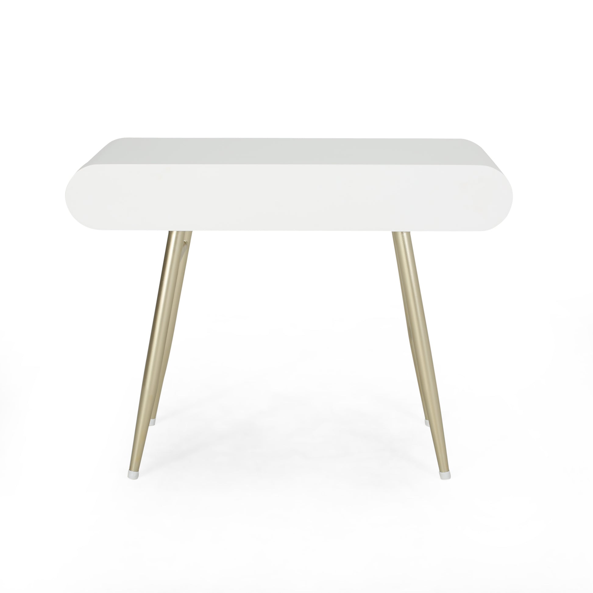 White modern console table with gold tapered legs